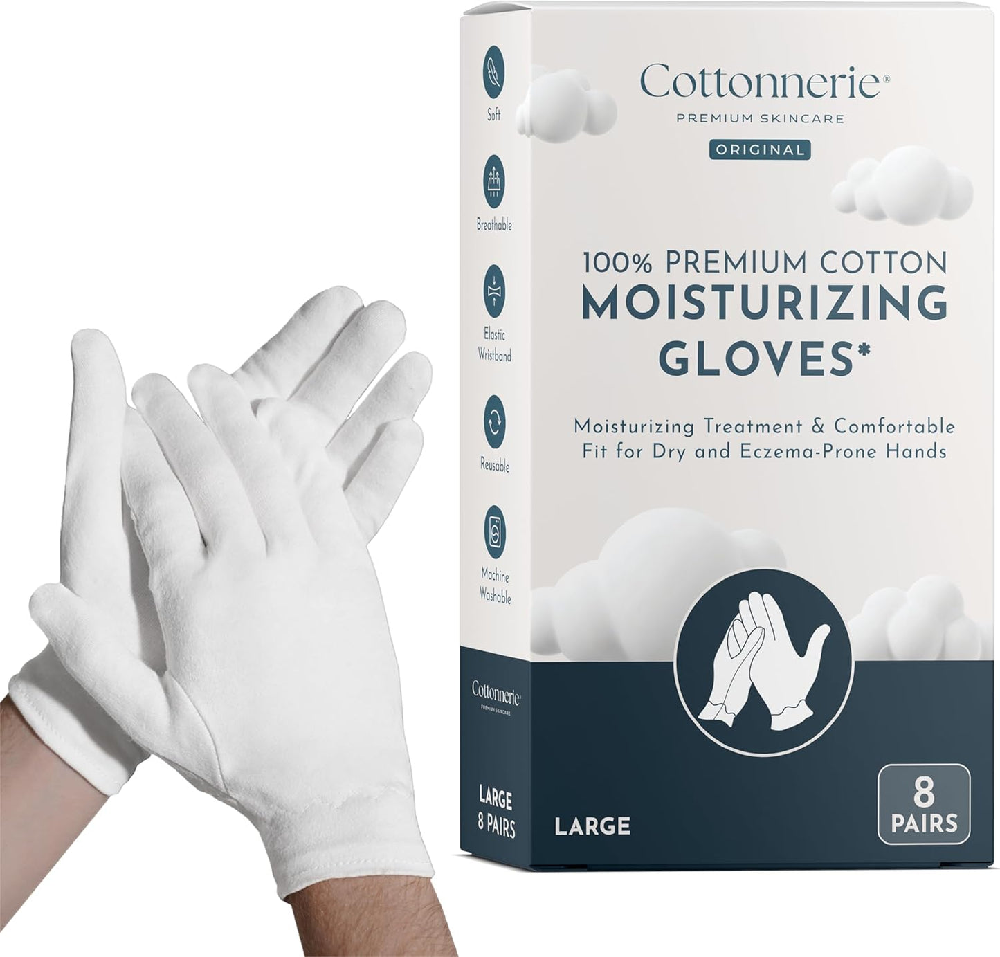 Cottonnerie Cotton Gloves for Dry Hands Sleeping, Moisturizing Gloves Overnight, Hand Moisturizer Gloves, Moisture Gloves for Dry Hands Overnight, Sleeping Gloves, Eczema Gloves, Large 8 Pair