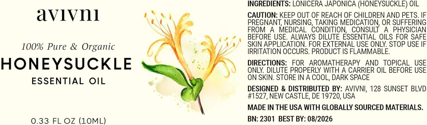 Avivni Honeysuckle Essential Oil - 100% Pure & Natural, Undiluted for Aromatherapy, Hair, Diffuser (0.33oz - 10ml)