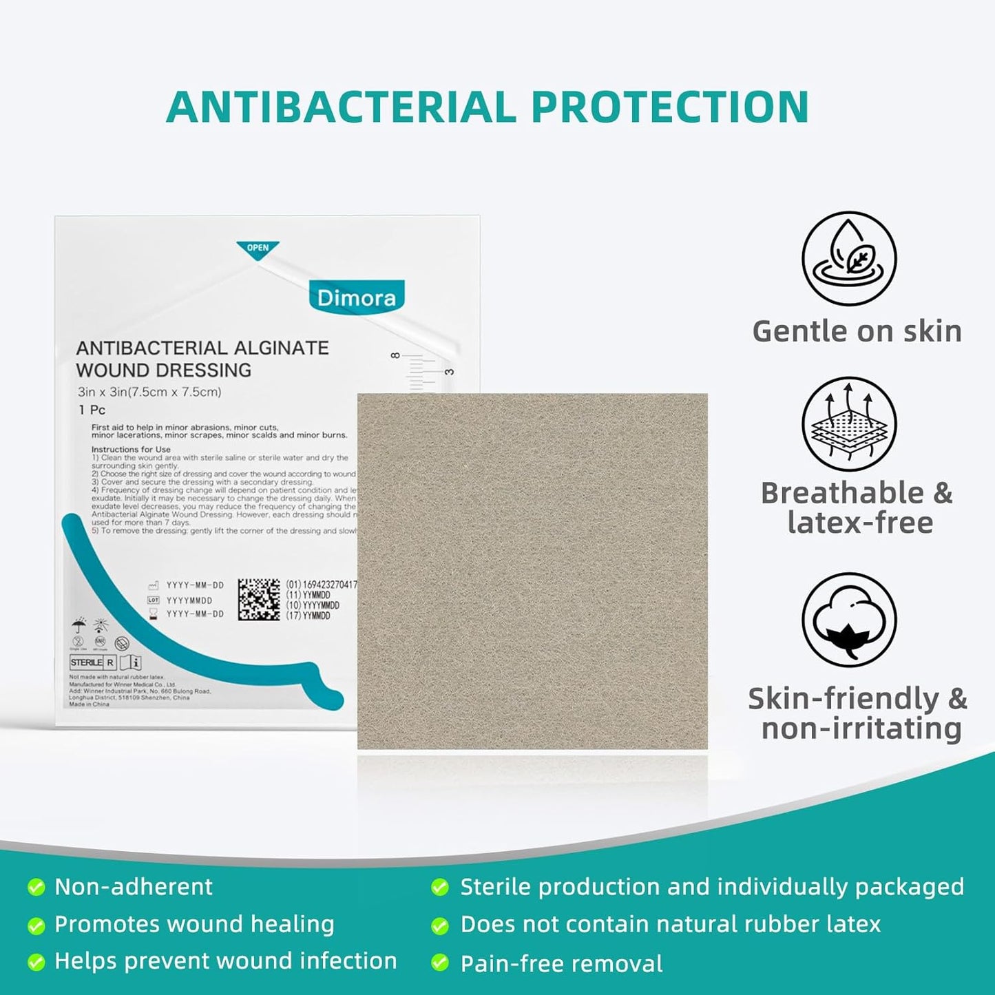 Dimora Upgrade Silver Calcium Alginate Wound Dressing -Antibacterial Non Stick Gauze for Wounds Care, Highly Absorbent Sterile Bandage Pads with Ag, 3'' x 3'' Patches 12 Packs Individual