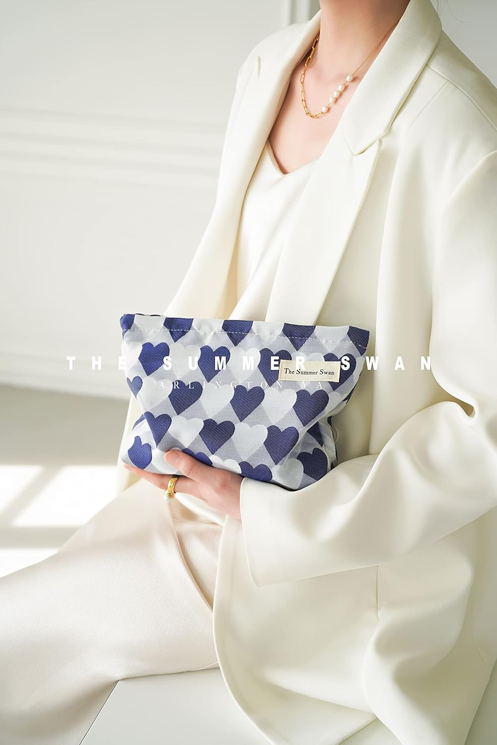 Summer Swan | Large Floral Mid-day Clutch | Period Kit & Hygiene Bag | Skincare Bag (Valentine Hearts Blue)