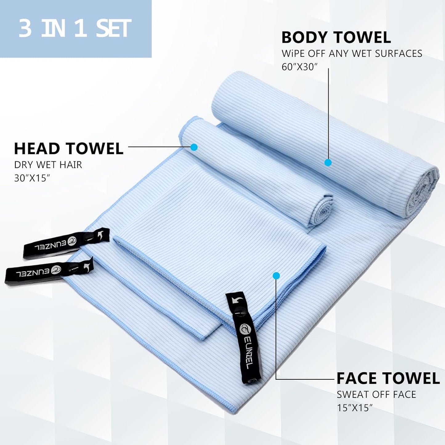 Eunzel Quick Dry Camping Towel, Microfibre Ribbed Towel Travel Towel 3 Sizes 1 Pack Fast Drying Towel Set for Camping, Beach, Gym, Sports, Yoga & Swimming Pool, Blue