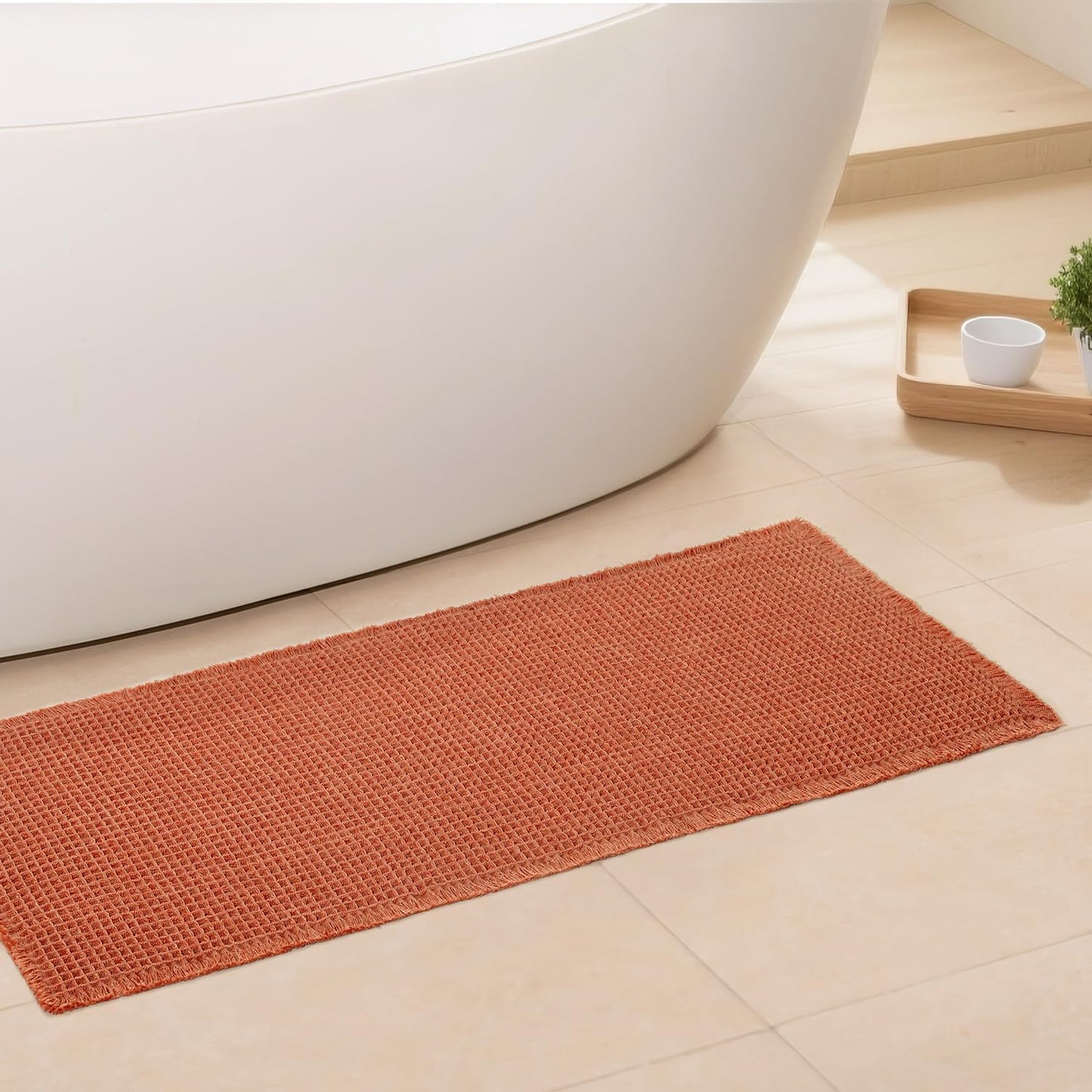 Waffle Runner Bath Mat - Long Boho Bathroom Rugs Non Slip Washable, Super Absorbent & Quick Dry, Soft Bath Mat Farmhouse Bathroom Decor, 24'' x 72'', Dirty Orange