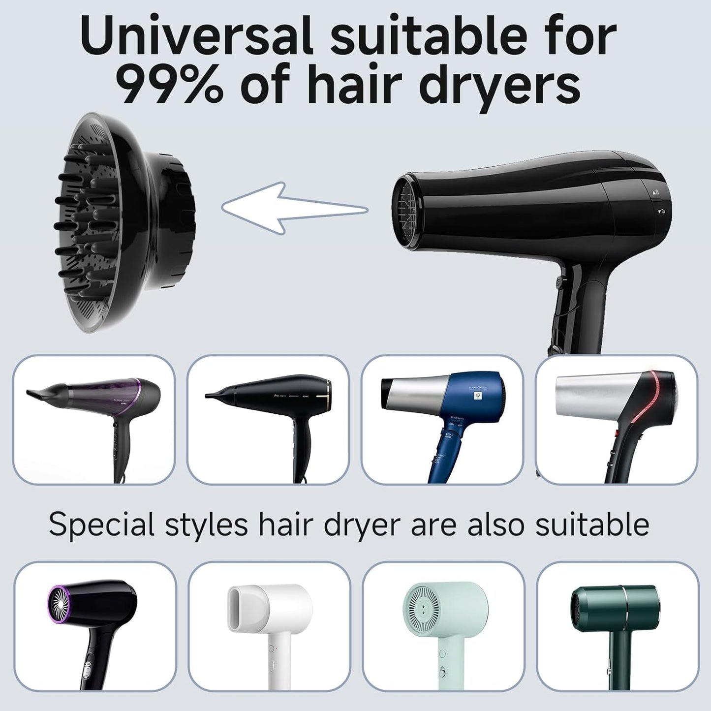 Diffuser Attachment for Hair Dryer, Hair Diffuser for Curly Hair, Universal Diffuser for 1.4-2.6" Hair Blow Dryer Long Thick Curly Wavy Hair, Black