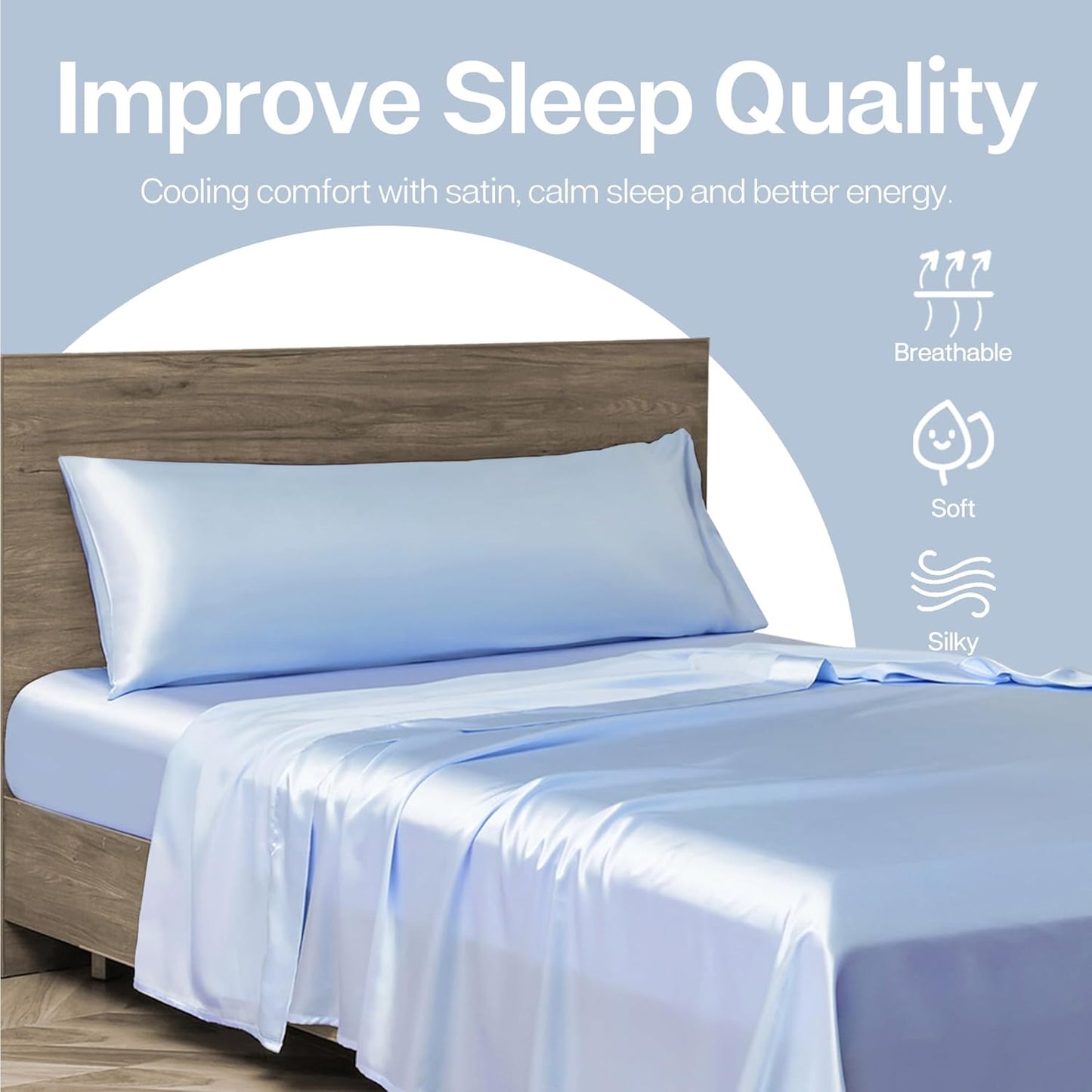 MR&HM Satin Body Pillow Cover, Soft and Breathable Body Pillow Case with Envelope Closure, Cooling and Silky Long Pillowcase for Hair and Skin,Grey (20x54, Light Blue)