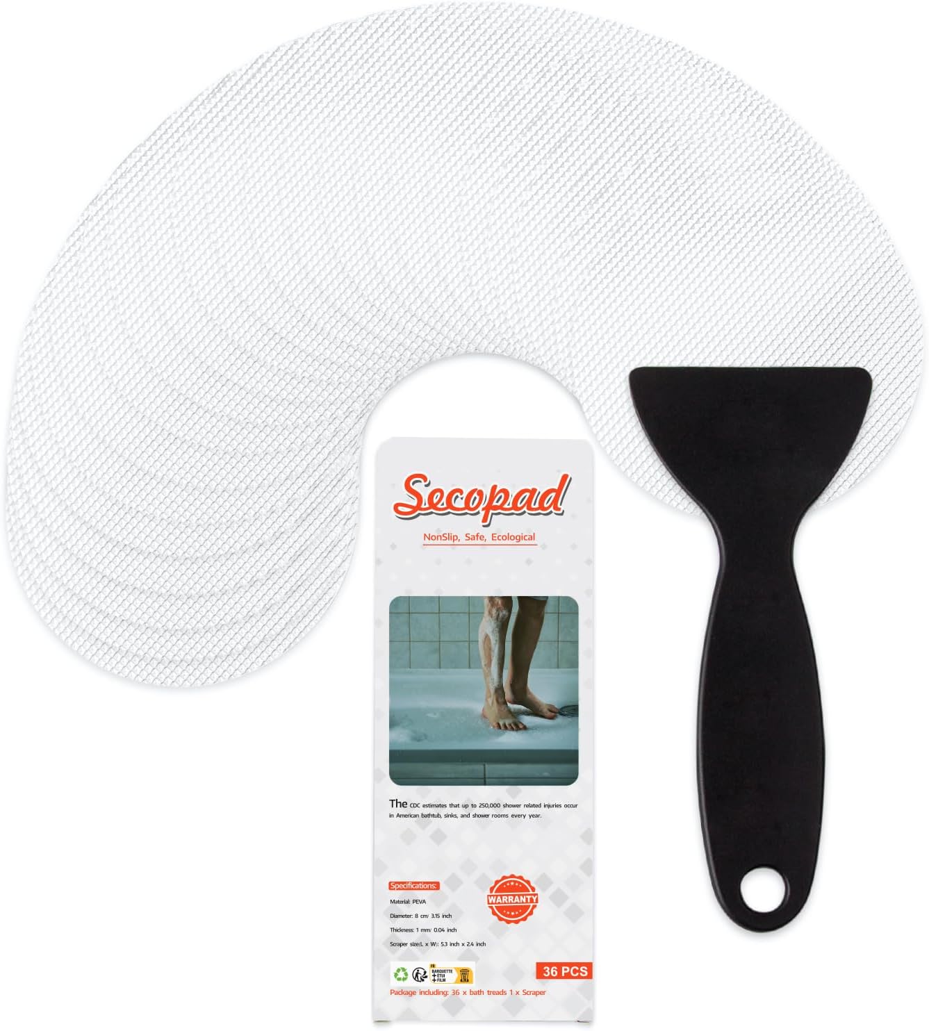 36PCS Bathtub Stickers Non-Slip, Safety Shower Treads Adhesive Appliques with Premium Scraper (White)