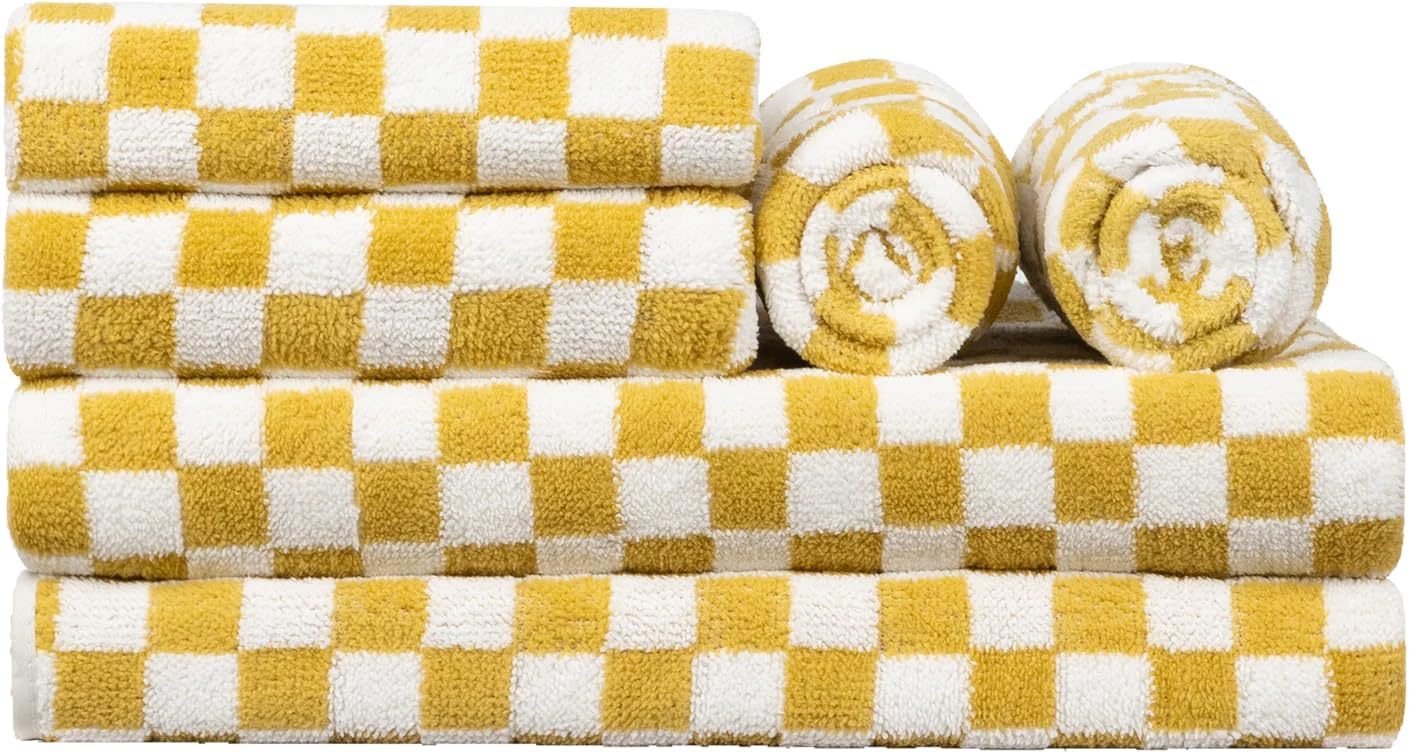 Checkered Bath Towels Set of 6 Large, Microfiber Shower Towels * 2 (55.12"*27.56"), Hand Towels * 4 (29.52"*13.77"),Towels for Bathroom、Pool、Hotel, Spa, Soft Absorbent Quick-Dry（Yellow