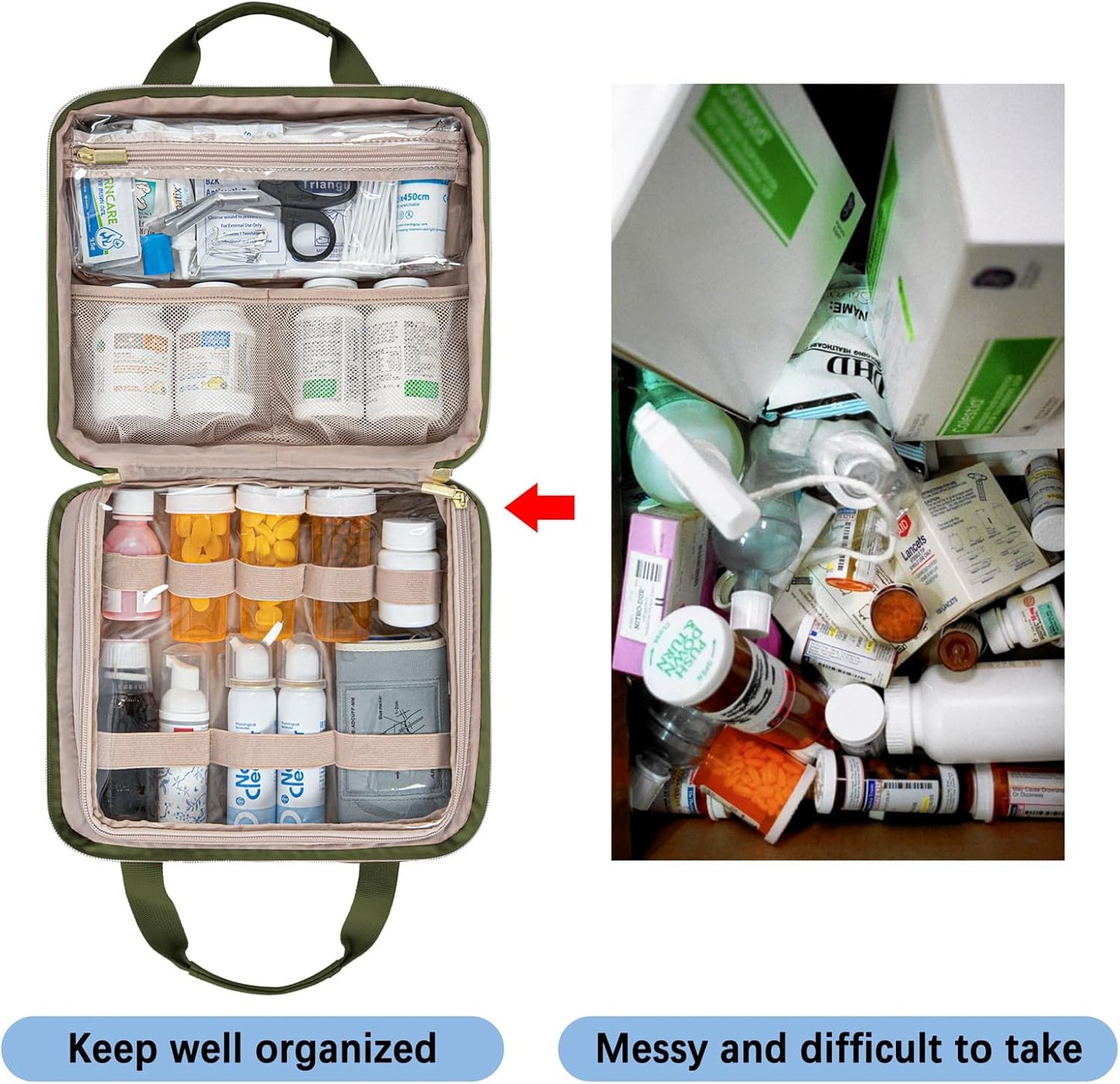 Leudes Travel Pill Bottle Organizer,Medicine Organizer and Storage,Home Medication Bag, Cases,Carrier for Pills,Vitamin,Fish Oil,Supplements for Women and Men (Large, Army Green)