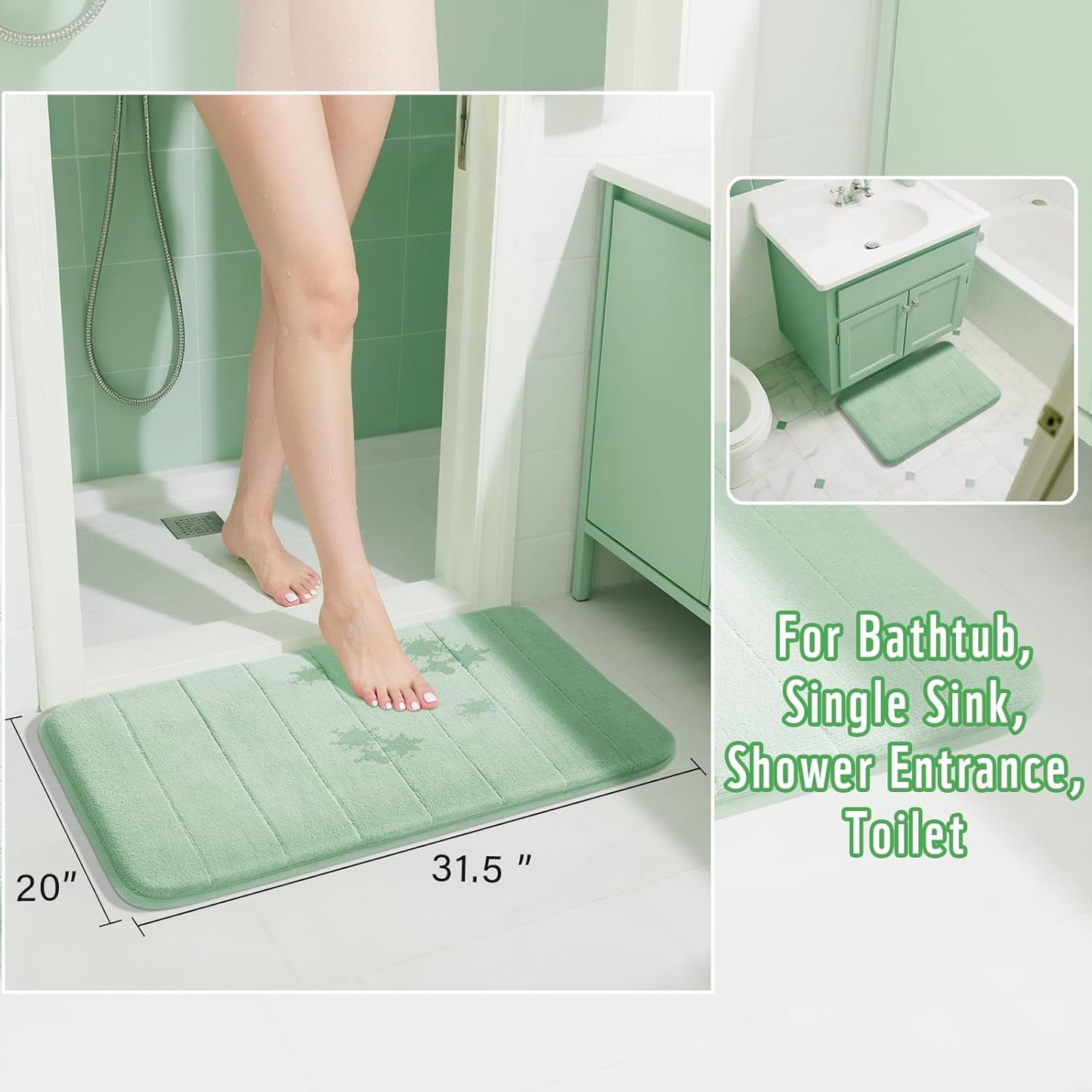 Yimobra Memory Foam Bath Mat, Super Soft Absorbent Bathroom Rug Non Slip 31.5x20 Inch, Quick Dry, Machine Washable Floor Carpet for Tub Shower, Home Decor Accessories, Pale Green