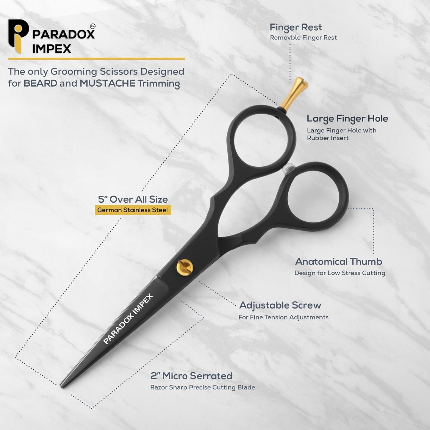 5” Beard and Mustache Scissors, German Stainless Steel Beard Scissors Come with 1 Tweezers, 1 Beard Comb, 1 Mustache Comb and Pouch, Hair Scissors for All Facial Hairs. (Black)