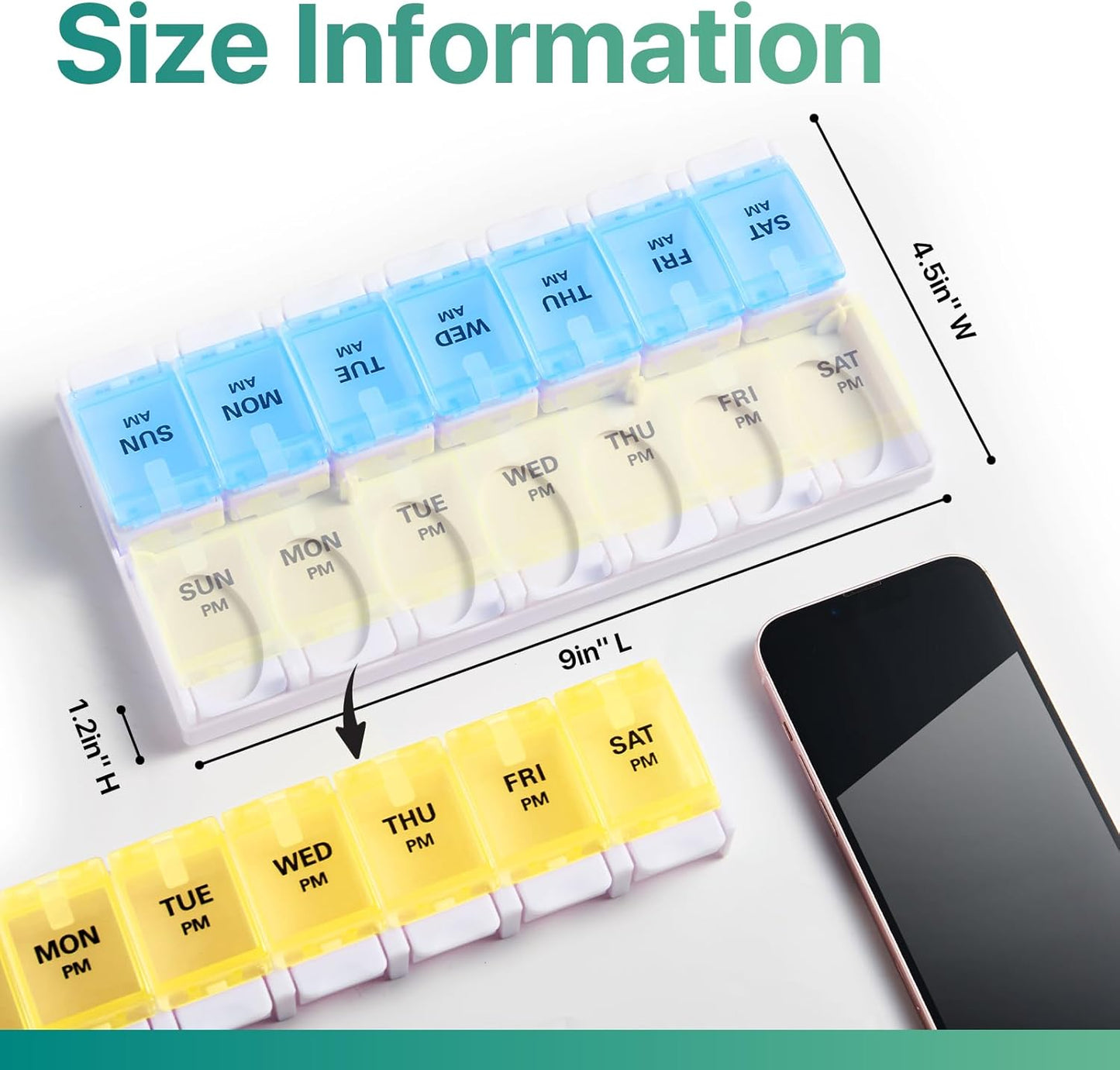 Sukuos AM PM Weekly Pill Organizer 7 Day, 2 Times A Day Medicine Pill Box with Easy Push Button, BPA Free Vitamin Cases for Fish Oil/Supplements, Easy to Clean (Yellow&Blue)