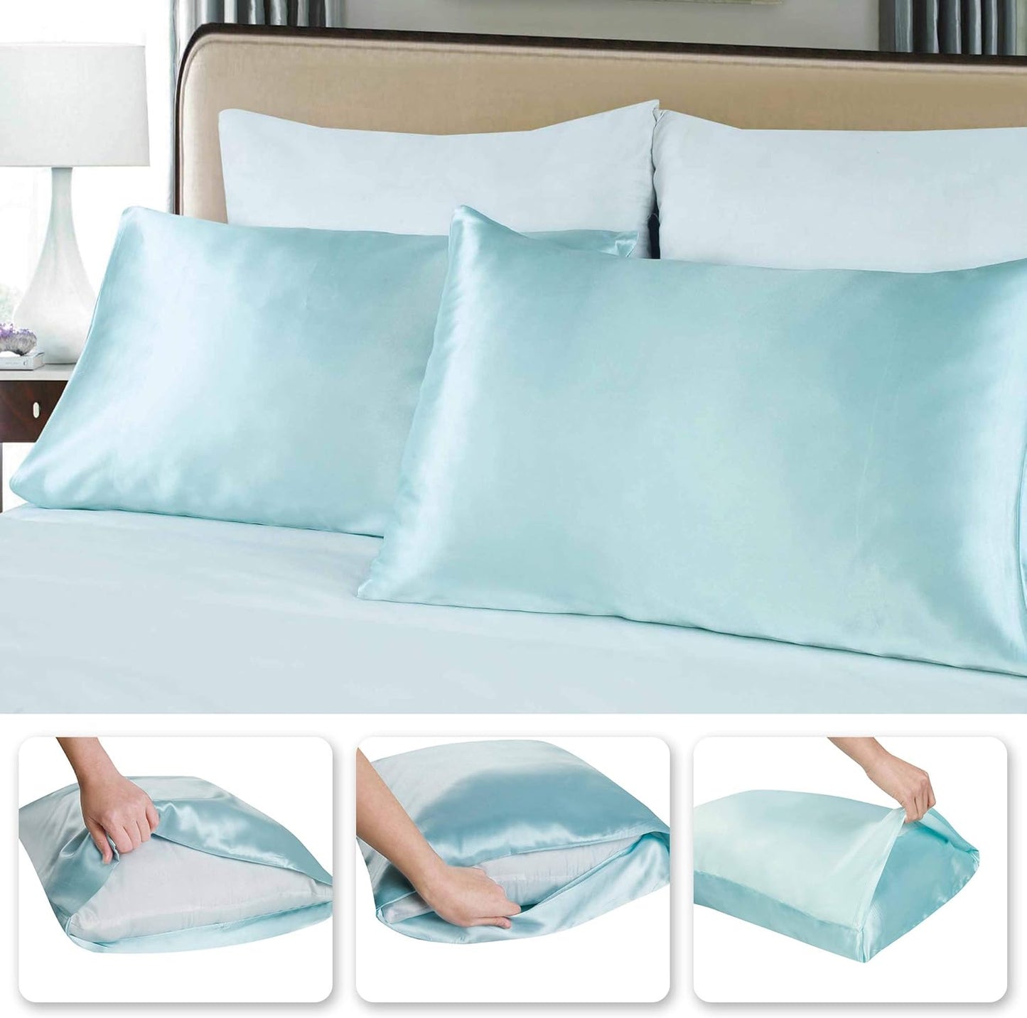 Tyfitb Satin Pillowcase for Hair and Skin, Baby Blue Pillowcases Set of 2, Cooling Pillow Cases Standard Size(20×26 Inches), Soft Luxury Satin Pillowcase with Envelope Closure