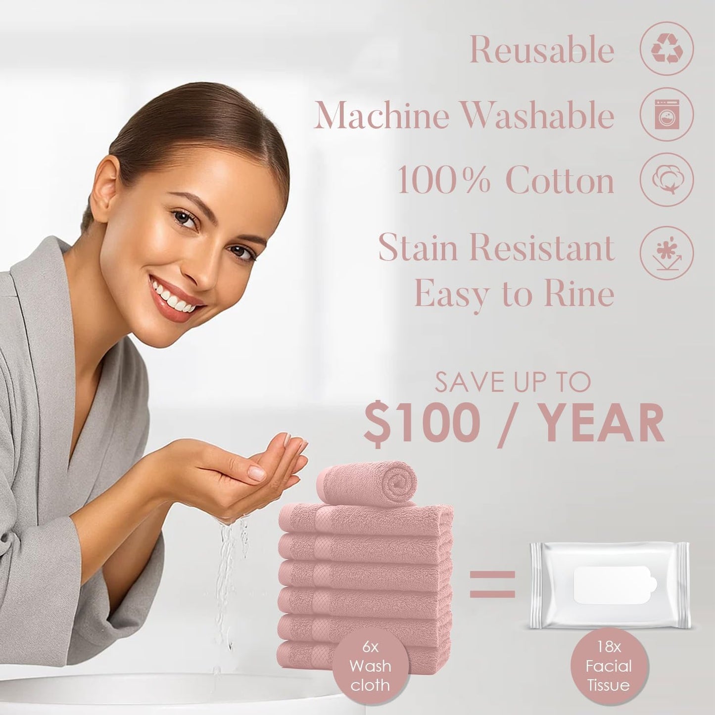 DAN RIVER 12-Pack Premium 100% Cotton Dusty Rose Face Towels – Reusable Face Towel Set, Soft & Absorbent wash Cloths for Your face, Bathroom & Body – Hand and Face Towels, 550 GSM (12x12 in)