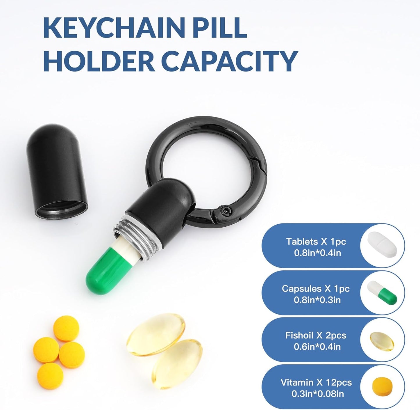 TISKY Small Keychain Pill Holder Titanium,Waterproof Tiny Pill Container with Keyring,Mini Portable Pill Case for Travel,Pill Organizer for Purse Pocket(Black)