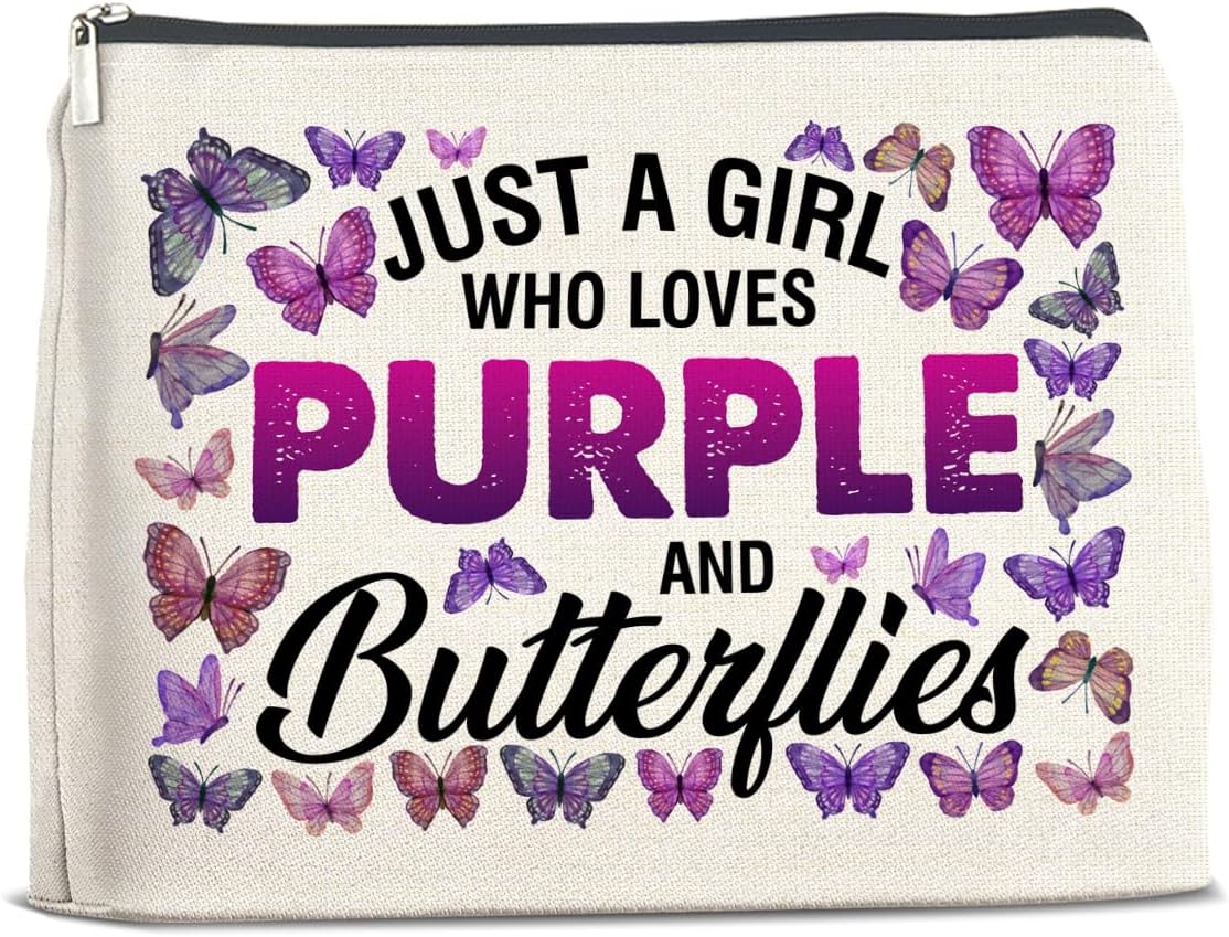 Just a Girl Who Loves Purple and Butterflies Makeup Bag Gifts for Women Purple Butterfly Cosmetic Bag Zipper Pouch Travel