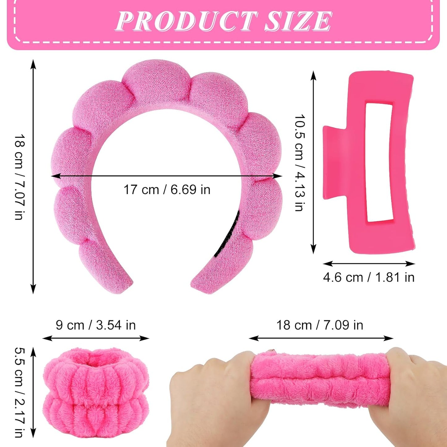 Wecoe Spa Headband And Wristband Set Valentines' Day Skincare Headband for Washing Face Hot Pink Puffy Sponge Makeup Bubble Head Band Hair Claw Clips Wrist Towels Scrunchies for Women Girls