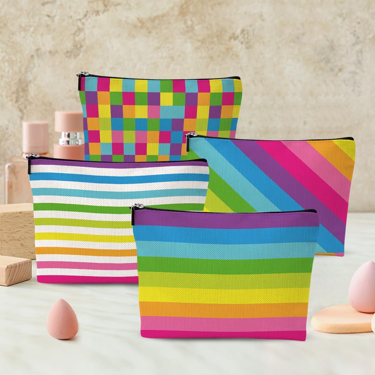 4pcs Colorful Rainbow Makeup Bag, Bright Neon Colors Cosmetic Bag, Christmas Wedding Anniversary Birthday Friendship Gifts for Women Girls Best Friends Therapist Bestie Mom Travel Toiletry Bag
