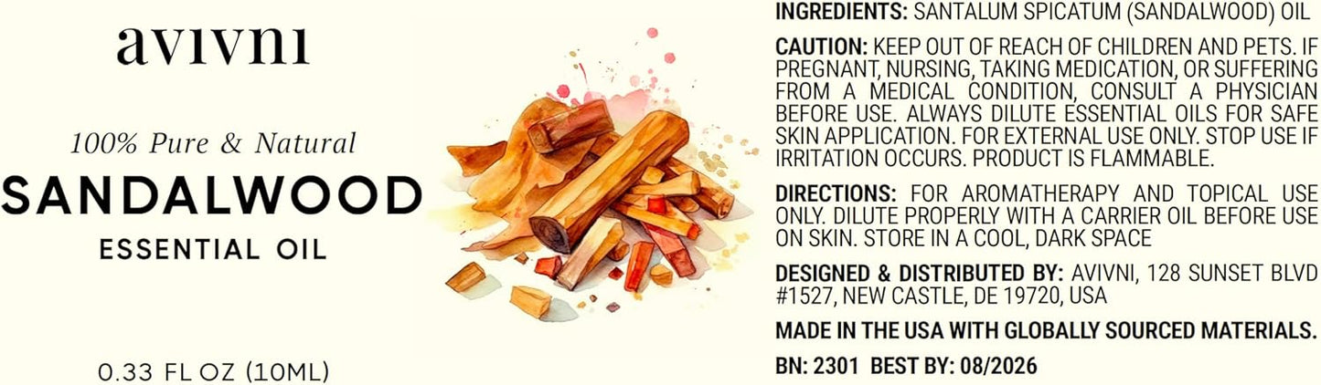 Avivni Australian Sandalwood Essential Oil - 100% Pure & Natural, Undiluted for Aromatherapy, Hair, Diffuser (0.33oz - 10ml)