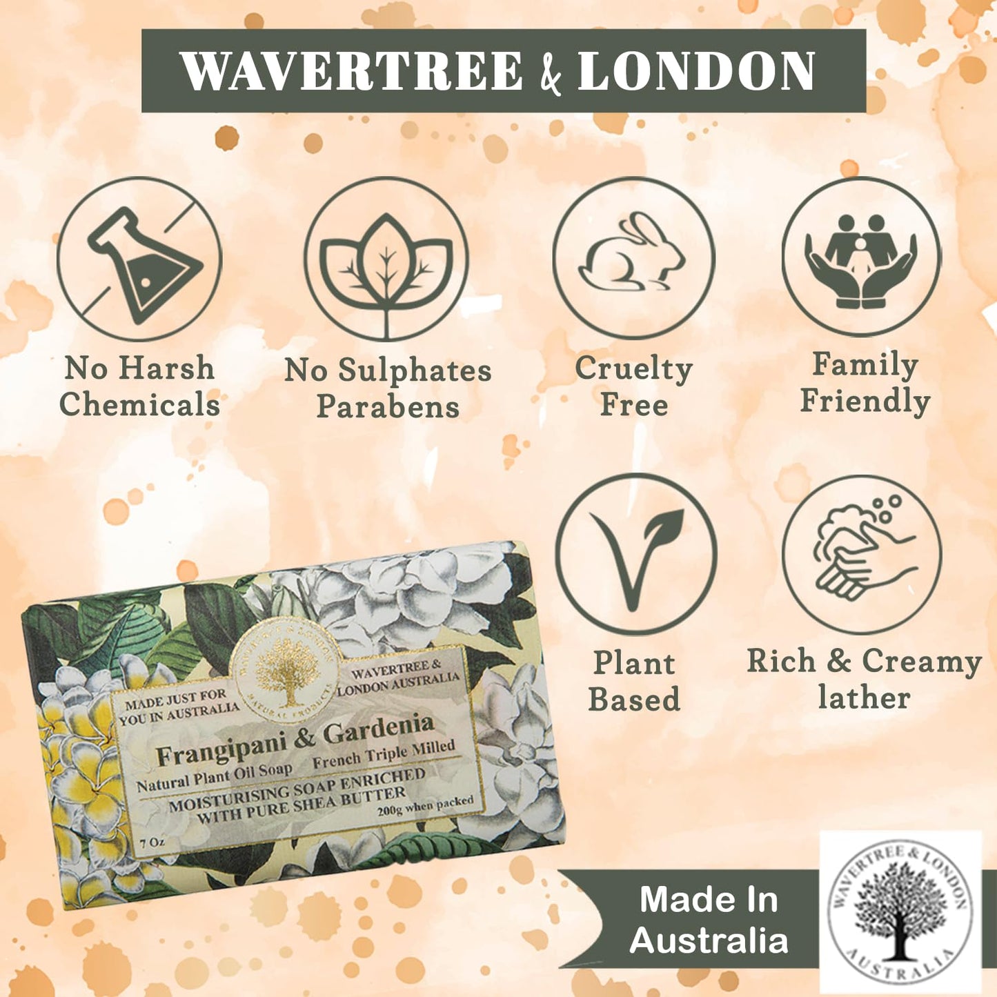 Wavertree & London Frangipani and Gardenia Scented Natural Soap (8 Bars), 7oz Moisturizing French Triple Milled Soap Bars enriched with shea butter - Pure Plant Oil Bath & Body Bars for All Skin Types