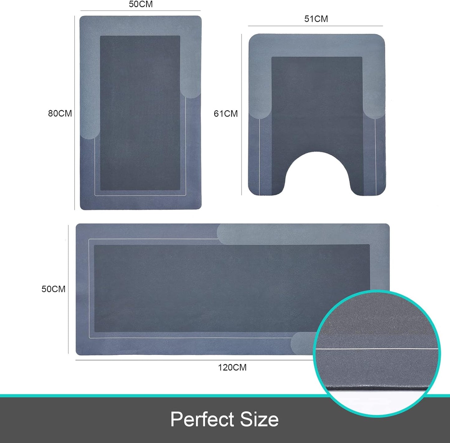 HelloTree 3PCS Bath Mat Rug Rubber Non Slip Quick Dry Rug Sets Super Absorbent Thin Bathroom Rugs Fit Under Door Blue Washable Bathroom Floor Mats for in Front of Bathtub, Shower Room, Sink