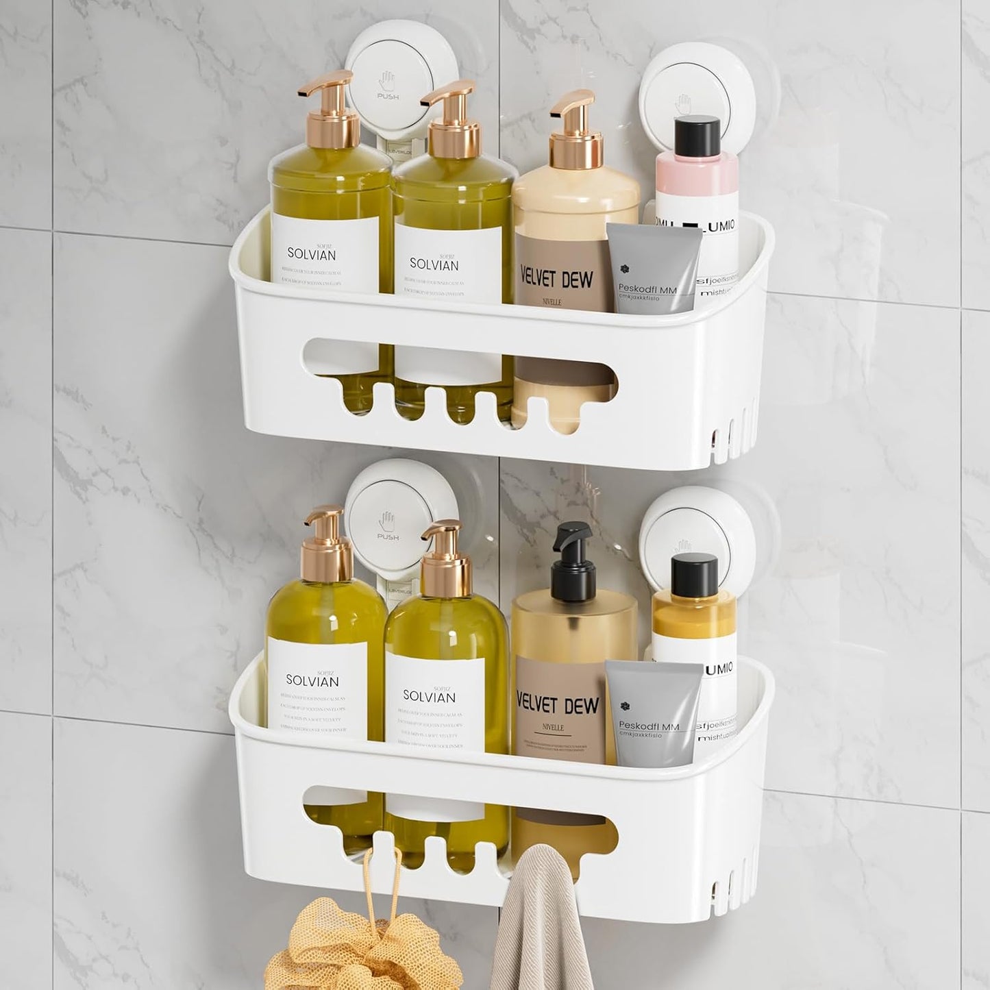 LEVERLOC Shower Caddy Suction Cup 2 Pack, Shower Organizer Removable Bathroom Shelf, Storage Suction Powerful Max Hold 22lbs Bathroom Caddy Waterproof Holder, White