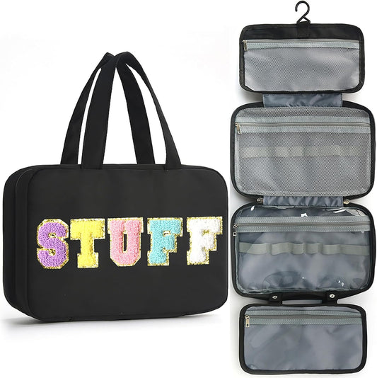 Toiletry Bag for Women Chenille Letter Makeup Bag Water-resistant Cosmetic Bag Travel Bag with Hanging Hook Preppy for Store Toiletries Cosmetic Accessories Large Capacity Black