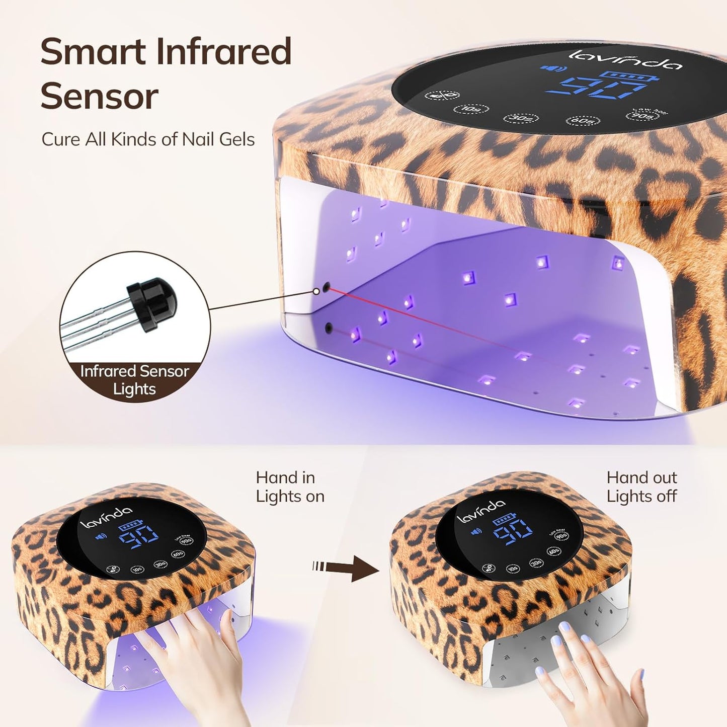 Lavinda LED Nail Lamp UV Light for Gel Nails 54W Cordless Rechargeable UV Lamp Nail Light with 4 Timer, 2X Faster Professional Gel Polish Curing Nail Dryer for Salon Use-Leopard Print