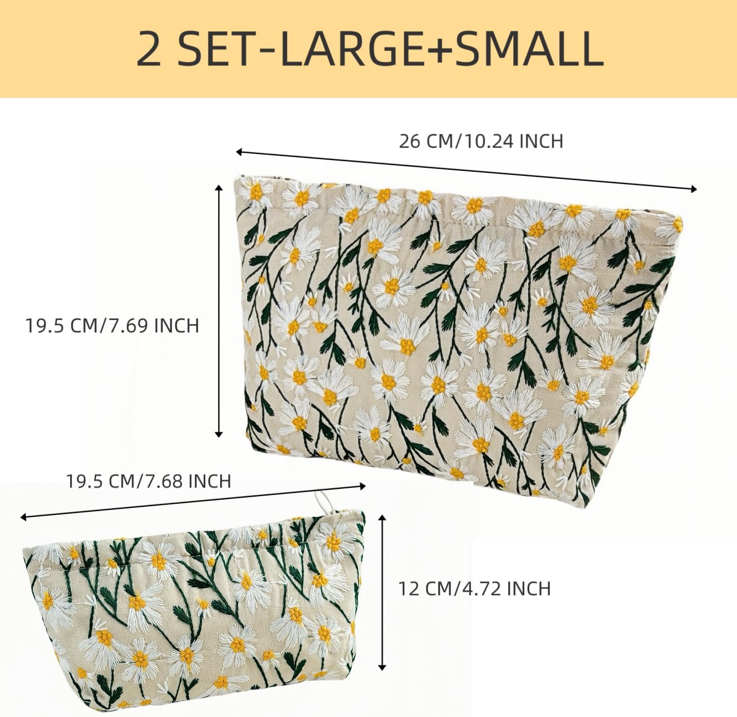 2 Pcs Makeup Bags, Large Cosmetic Bag Travel Toiletry Bag Organizer for Women, Embroidery Craft, Floral Makeup Bag Small Cosmetic Pouch Purse with Zipper Gifts for Girls Teen