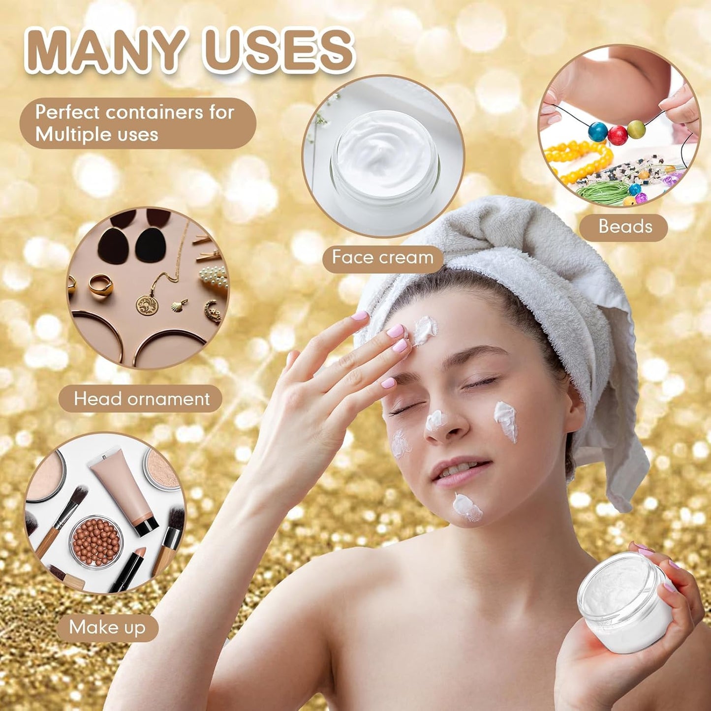 SATINIOR 12 Pack Plastic Container Jars with Lids Round Clear Travel Cosmetic Container Jars for Toiletries, Lotion, Cream, Ointments, Makeup, Rhinestone, Samples, Kitchen Storage(1 oz,Gold)