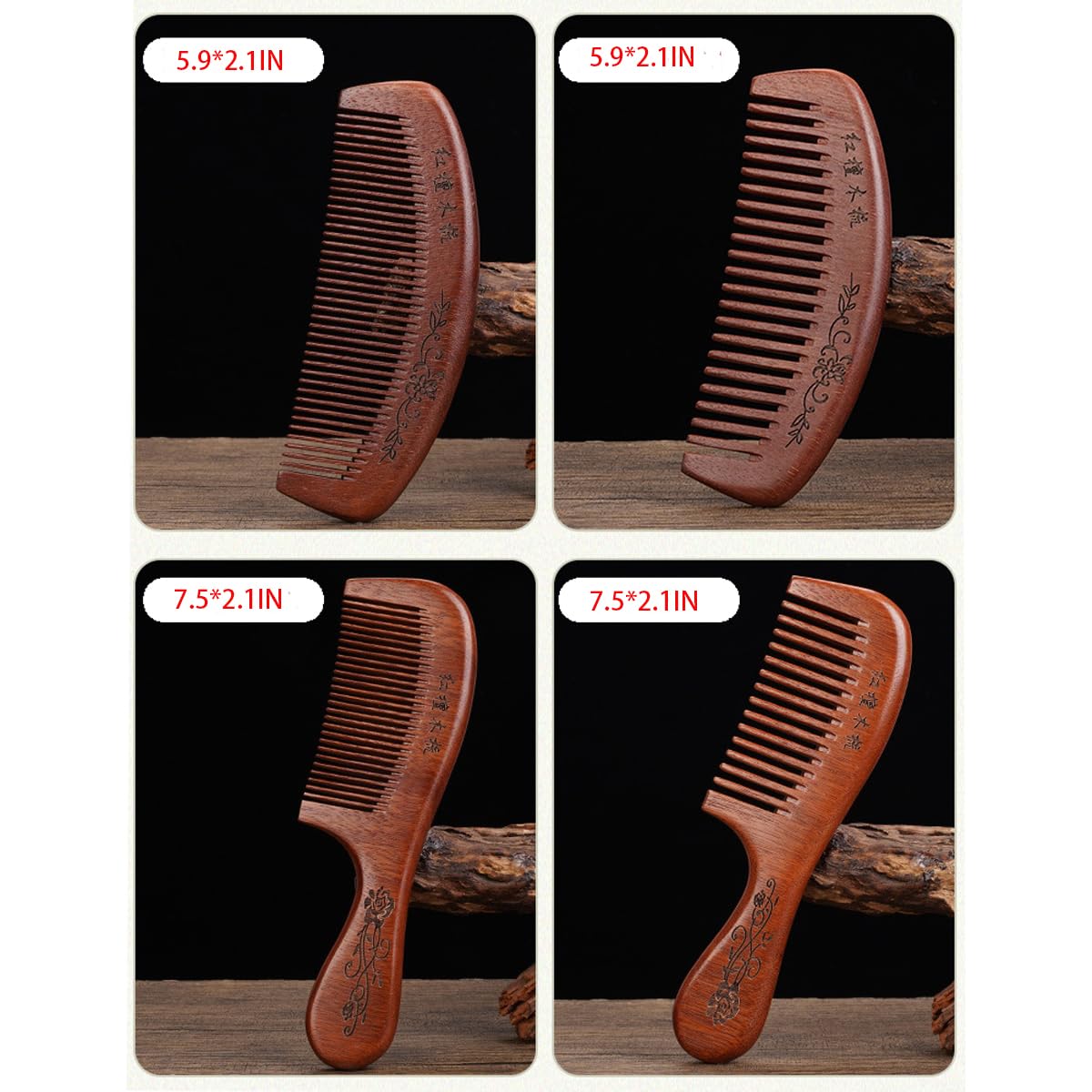 Wooden Hair Comb Set,labor comb, Wide Tooth and Fine Tooth Detangling Combs, Brown, 2 Pack (Medium)