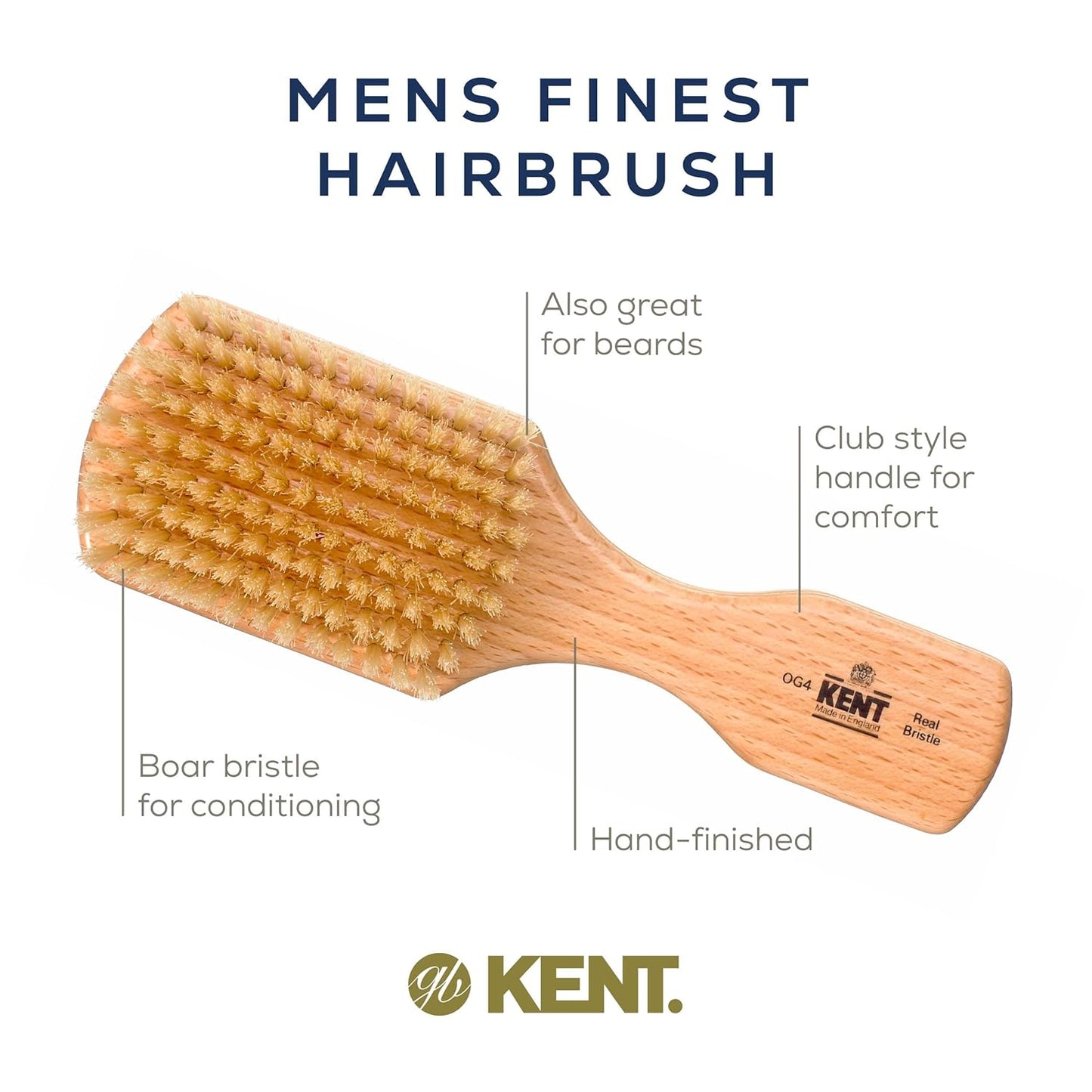 Kent OG4 Rectangular Beachwood Gentlemen's Hair Brush and Facial for Beard Care - Exfoliating Natural Boar Bristle Brush for Mens Grooming, Hair Care, and Beard Straightener for Men's