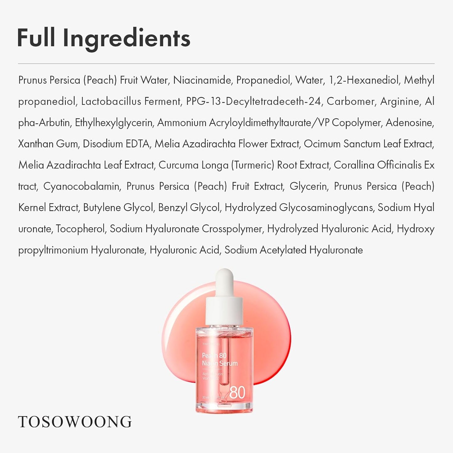 TOSOWOONG Peach 80 Niacin Serum, 5% Niacinamide, Alpha-Arbutin, Vitamin B12, Glass Skin, Hydrating Face Serum for Dark Spots, Pore Minimizer, Uneven Tone, Dullness, Korean Skincare, 33ml/1.11 fl. oz.
