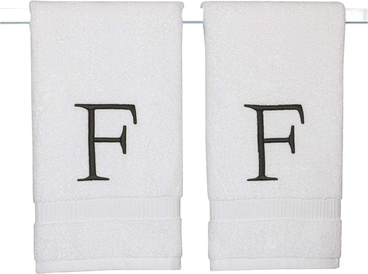 Black Monogramme d Hand Towel for Bathroom - Initial Hotel Quality Decorative Embroidered Luxury Towel for Powder Room, Spa - GOTS Organic Certified - Set of 2 Letter F