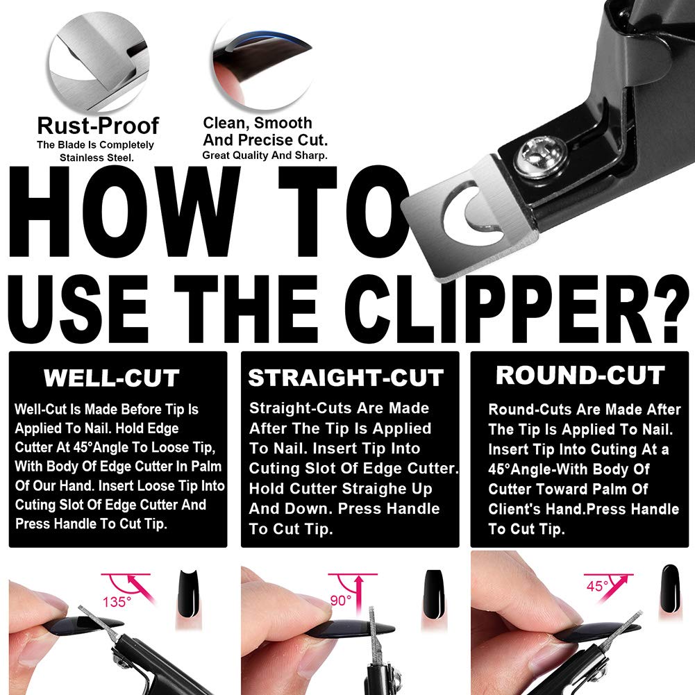 Black Premium Adjustable Stainless Steel Artificial Acrylic Fake False Nail Tip Clipper Cutter Trimmer Manicure Pedicure Sharp Blade Clip Tool For Salon Home Nail Art Beauty Design DIY