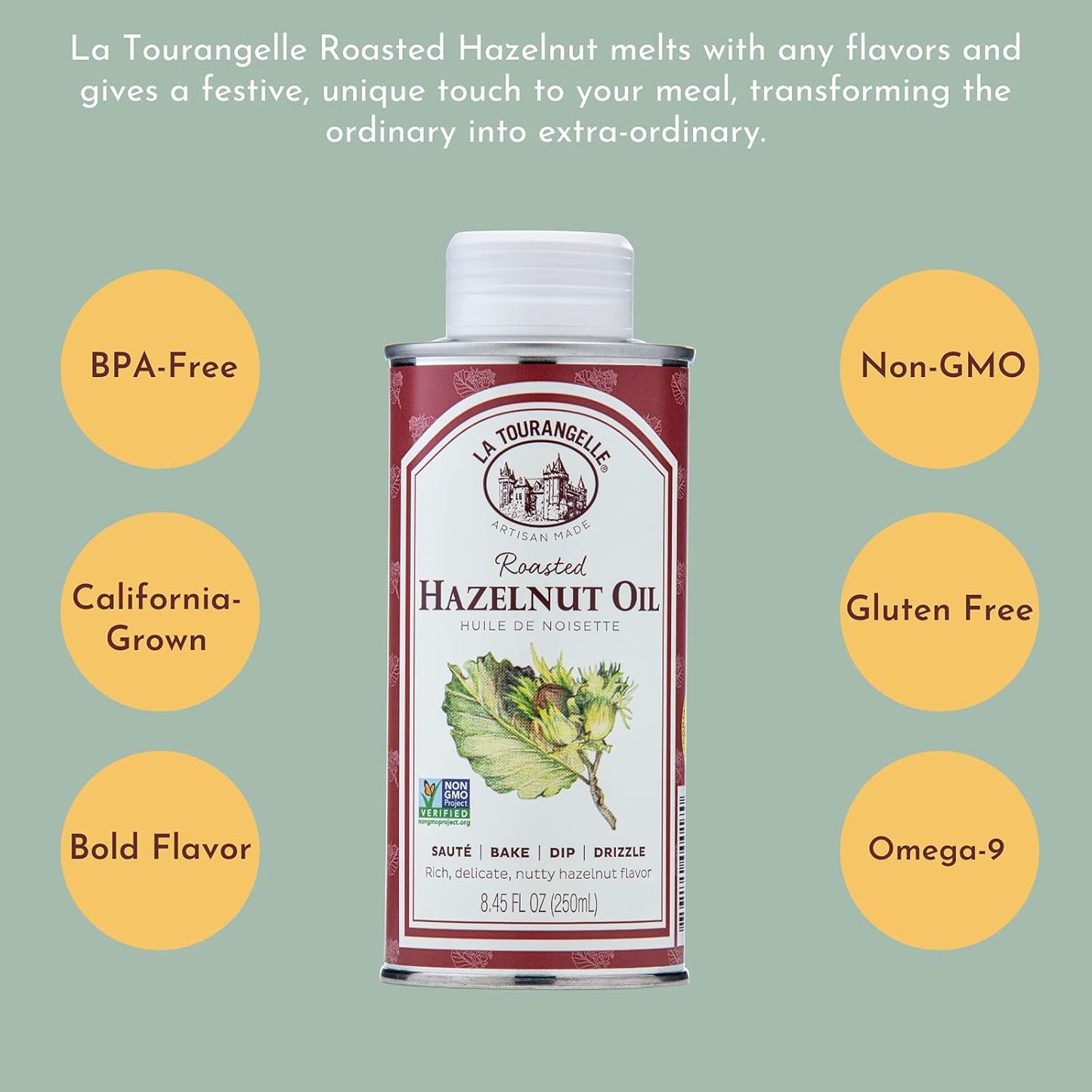 La Tourangelle, Roasted Hazelnut Oil, High-Oleic Oil Great for Baking, Stir-Frying, and Vinaigrettes, 8.45 fl oz