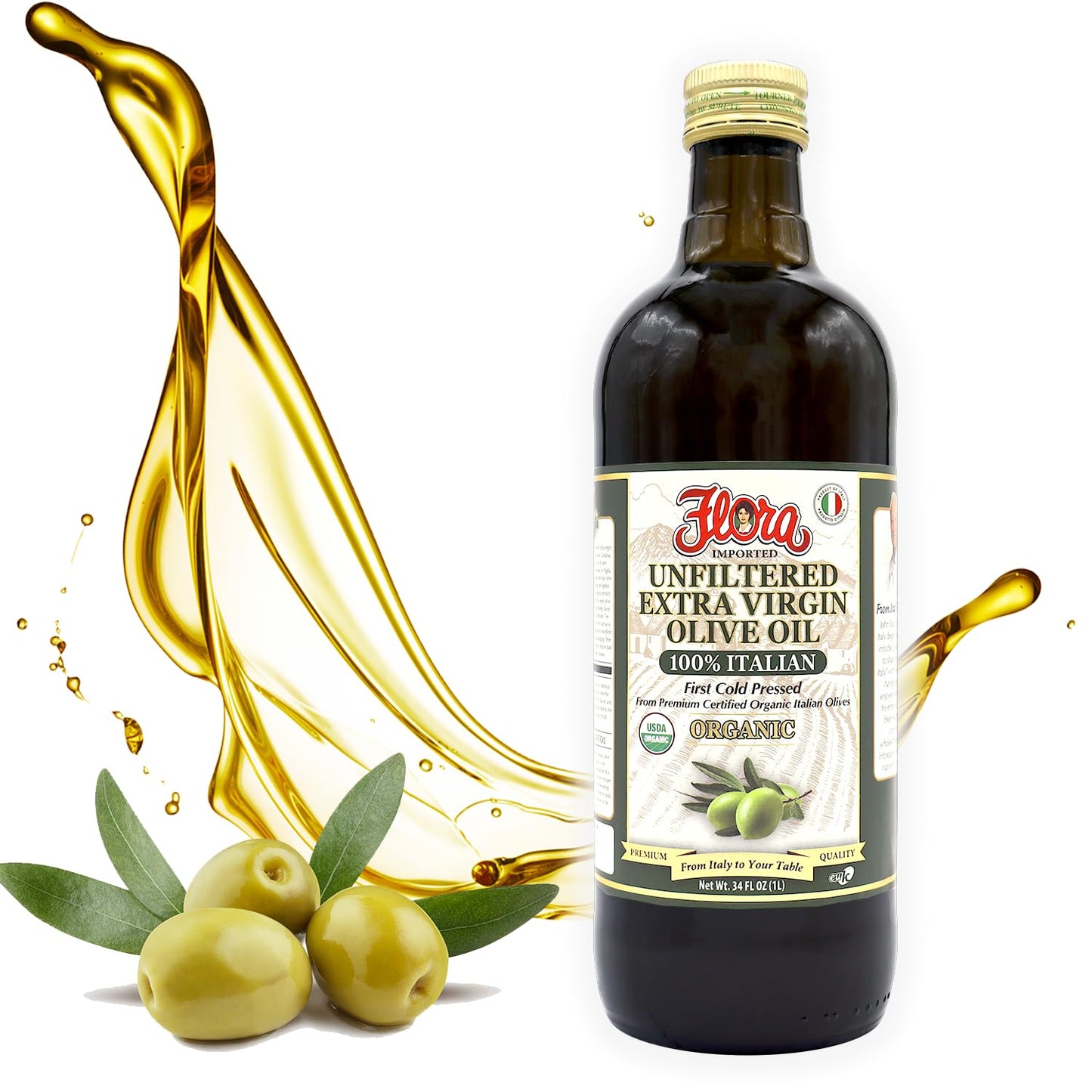 Organic Unfiltered Extra Virgin Olive Oil 1 Liter Bottle | Flora Foods | 100% Authentic Italian (34 Fl Oz /1L) Imported