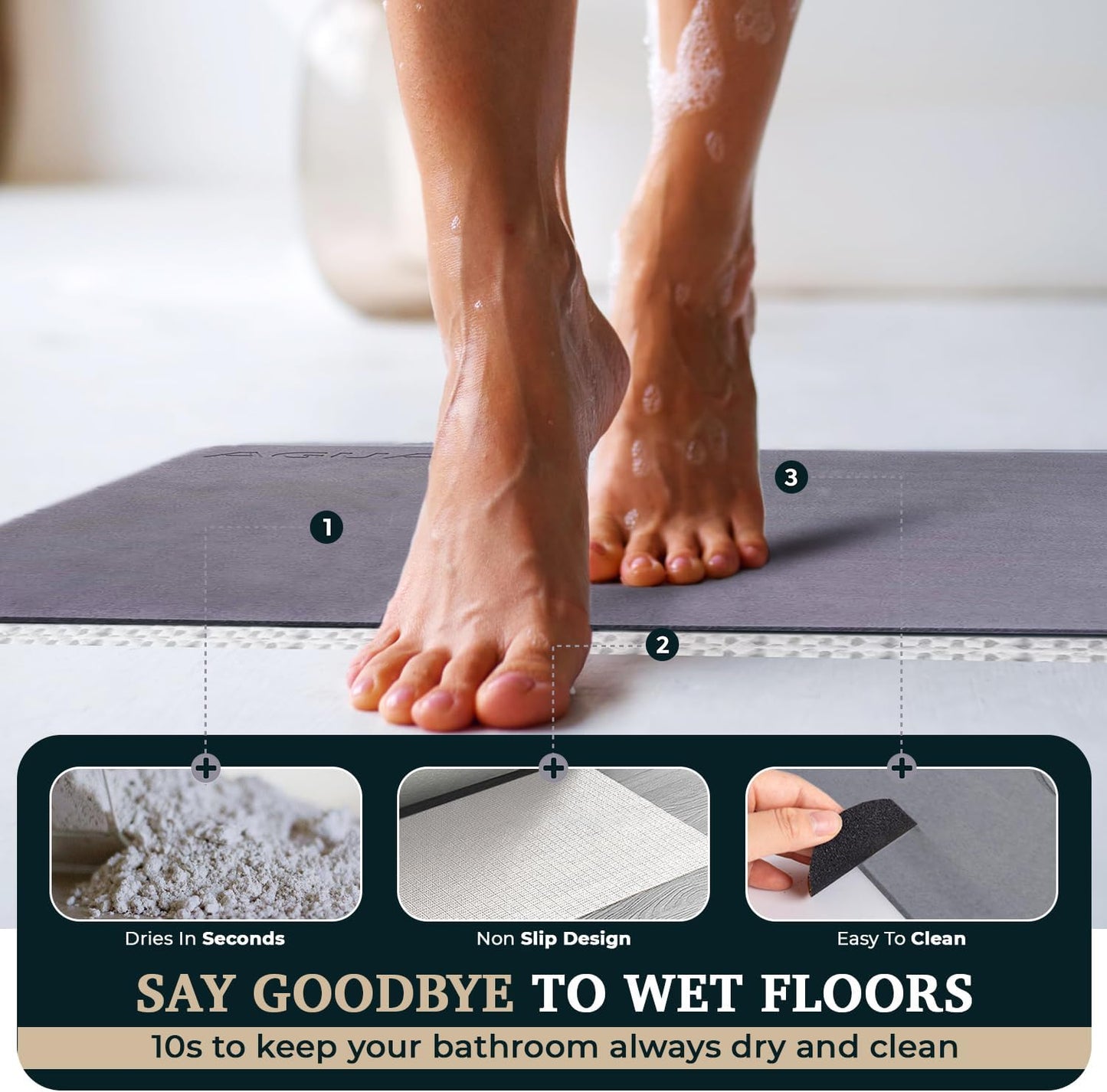 28" x 18" Diatomaceous Earth Shower Non Slip Stone Bath Mat | Quick Dry Super Absorbent Large Mats for Kitchen | Anti-Slip Fast Drying Water Absorbing Stone Bath Mats for Bathroom | Solid Gray