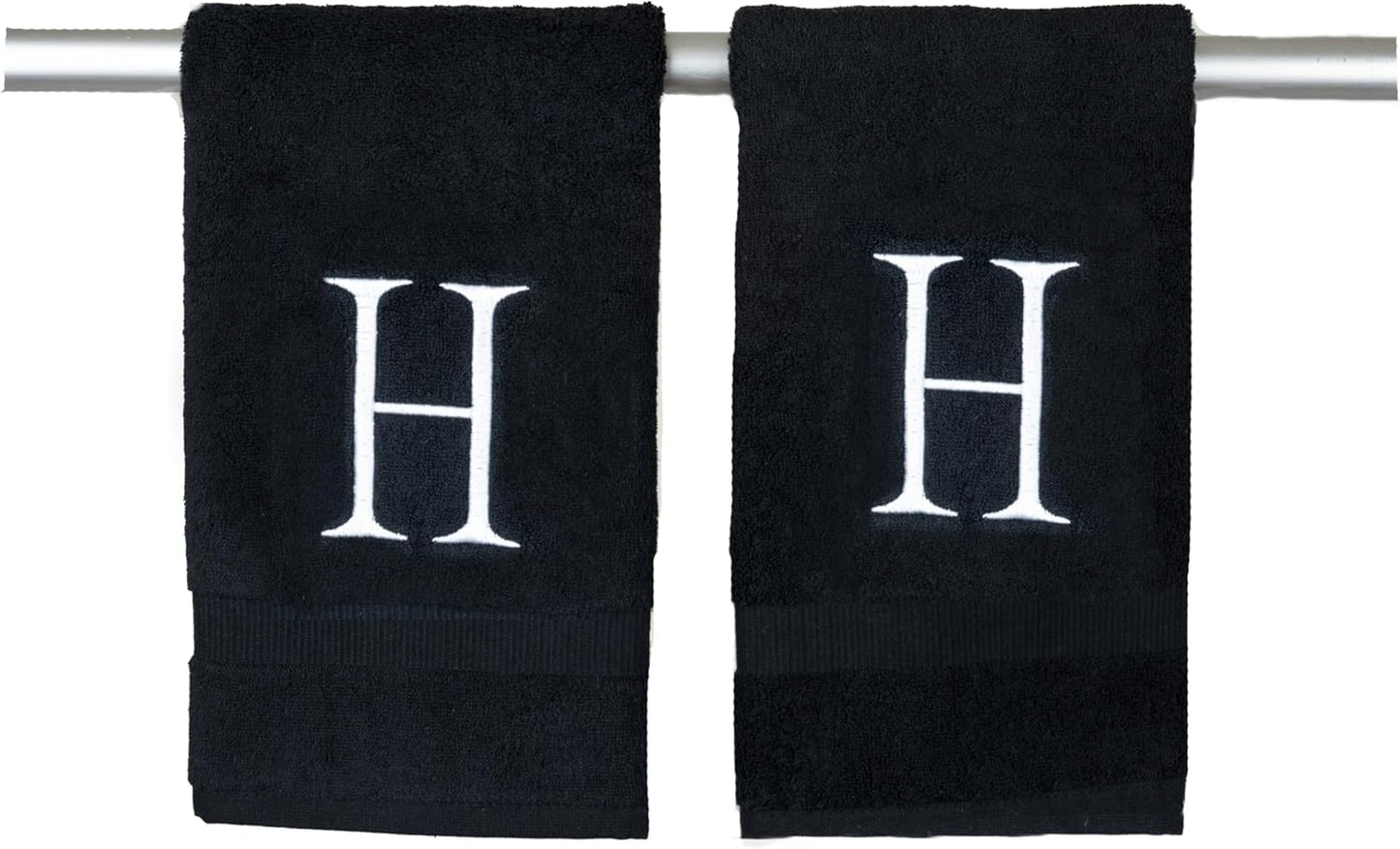 White and Black Monogrammed Hand Towel - Monogram Initial Hotel Quality Decorative Embroidered Luxury Towel for Powder Room, Spa - GOTS Organic Certified - Pack of 2, Letter H