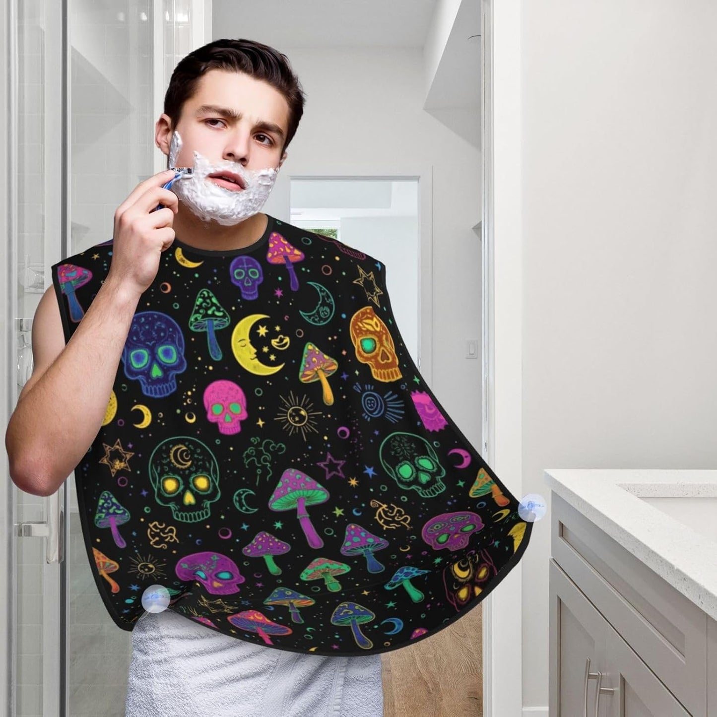 Non-Stick Beard Shaving Bib, Hair Catcher Apron with Suction Cups, Waterproof Grooming Tool for Men Husband, Trippy Moon Skulls Mushrooms Shave Bib