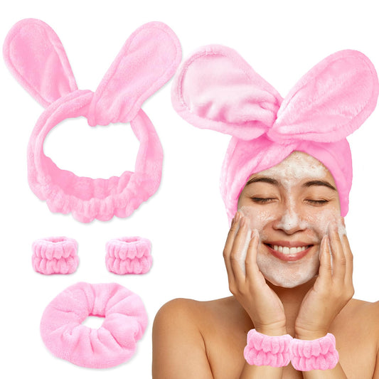 Hair Band for Washing Face, Adjustable Skincare Spa Headband and Wristband Set for Women Girl, Makeup Hair Headbands Cute Pink Versatile Fun Gift for Friend
