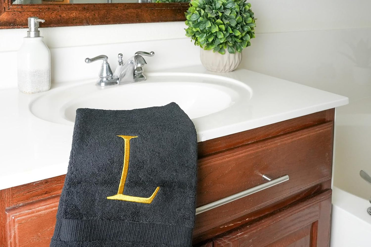 Black and Gold Bathroom Hand Towel - Monogrammed Luxury Hotel Quality Decorative Embroidered Towel for Powder Room, Spa - GOTS Organic Certified - Pack of 2, Letter L