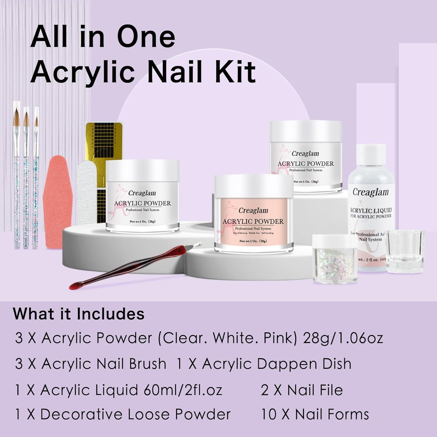 Acrylic Nail Kit for Beginners: 3 Colors 28g Nude Clear White Acrylic Nail Powder Professional Gel Glue - 1Oz Large Capacity Acrylic False Set witn 60ml Liquid and Brush Nail Forms Tools