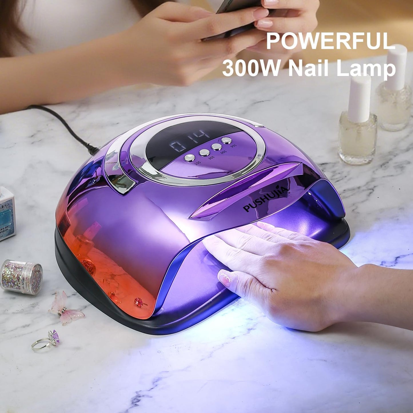 300W Professional Nail Lamp - Fast Curing, Auto Motion Sensor, 4 Timer Settings, 72 LED Even Coverage for Gel Polish - Salon & Home Use