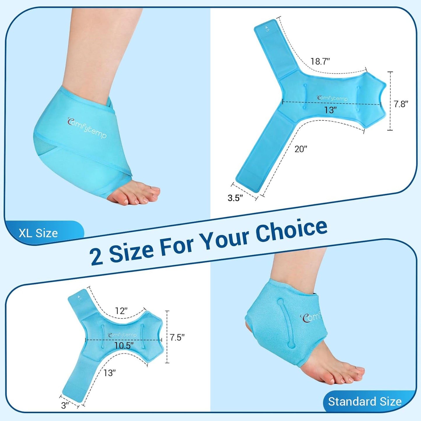 Comfytemp Extra Large Ankle Ice Pack Wrap, Reusable Gel Pack Hot Cold Compress for Plantar Fasciitis, Foot Pain Relief, Injuries, Achilles Tendonitis, Sprained Ankle, Swelling, Get Well Gift, 2 Pcs