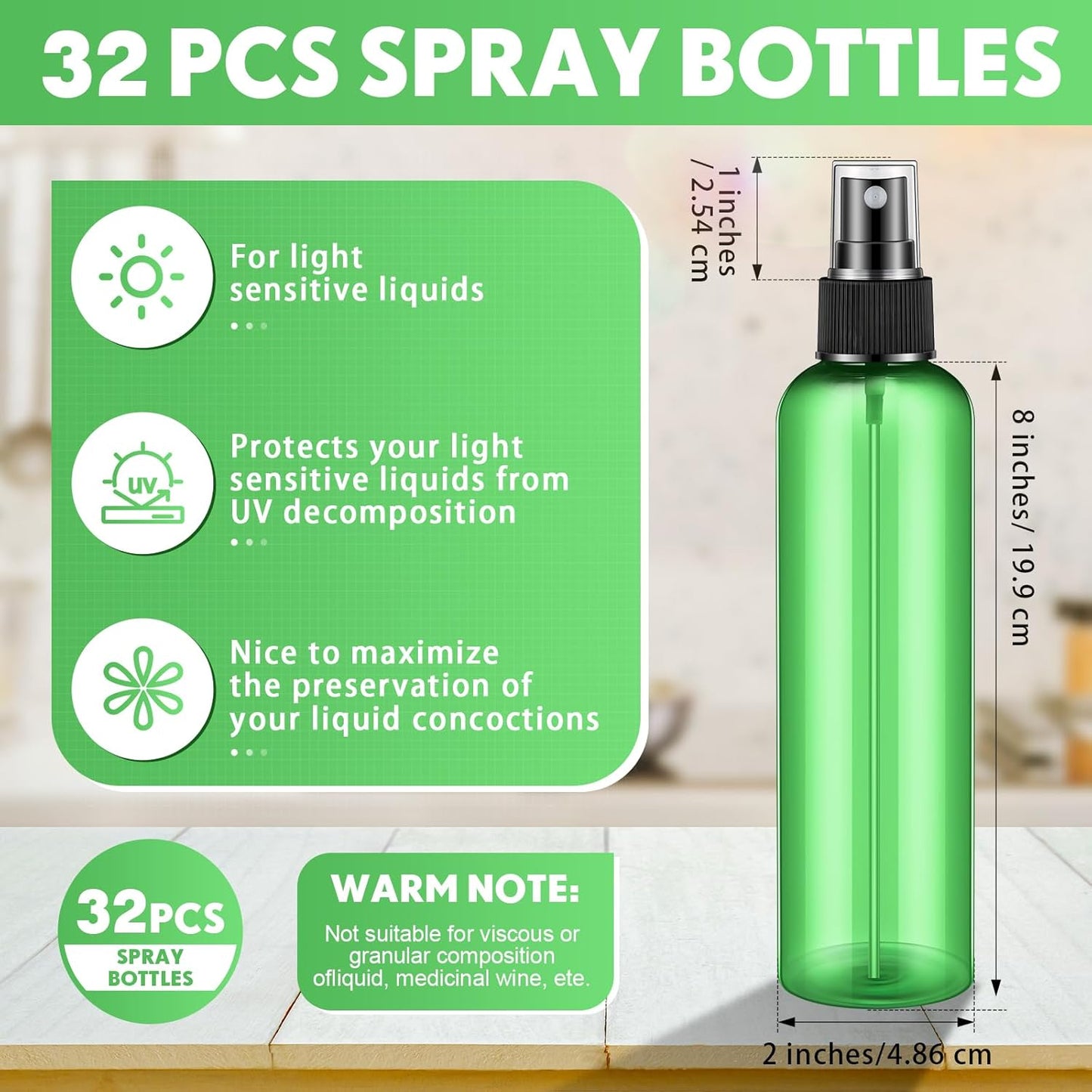 Eccliy 32 Pcs 8 oz Spray Bottles Fine Mist Cleaning Bottles Clear Empty Plastic Travel Sprayer Refillable Sprayer with Cap for Cleaning Solutions Oils Travel Perfumes(Green,Clear)