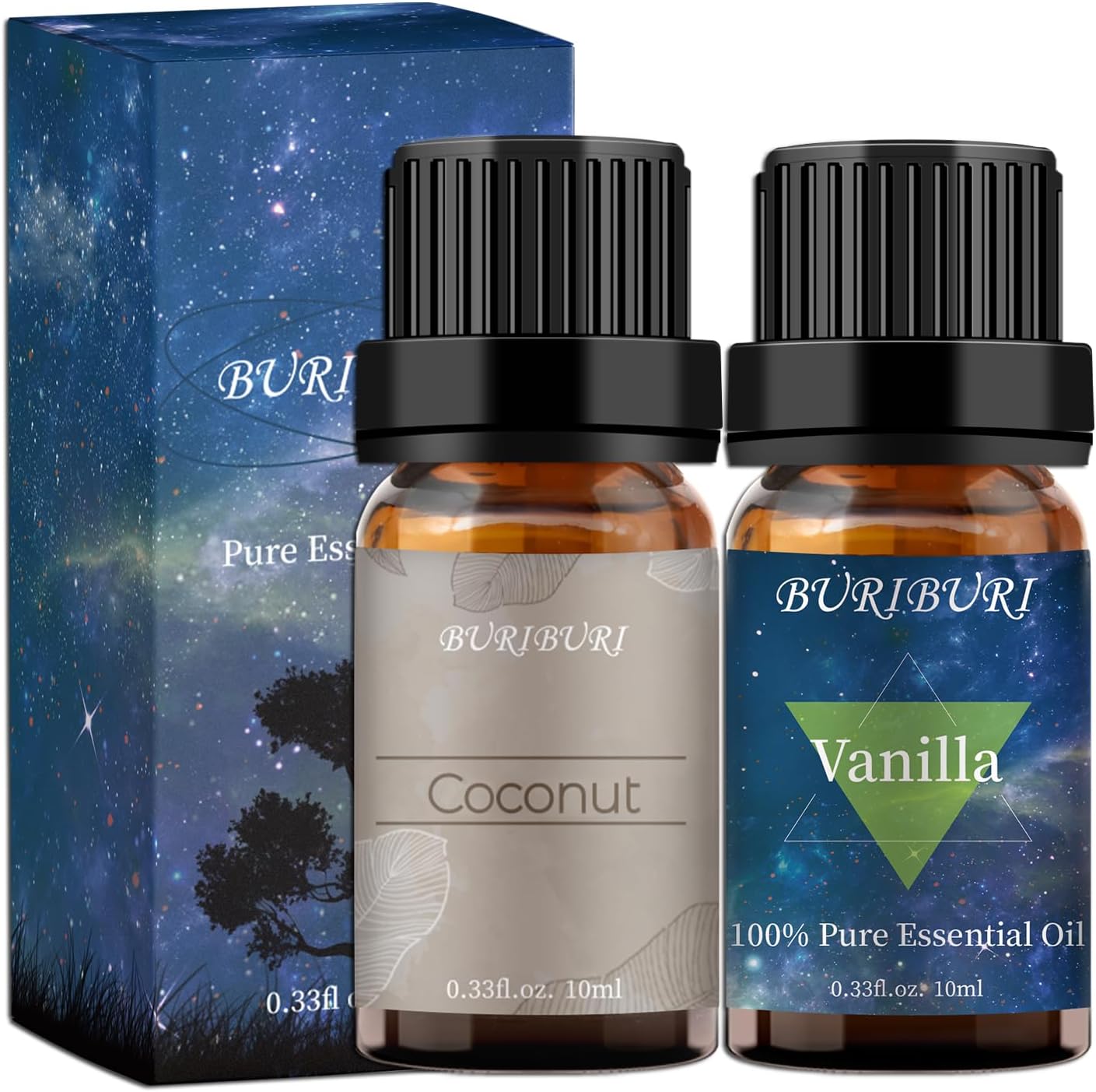 BURIBURI Vanilla Essential Oil and Coconut Oil Essential Oil, 2Pack Essential Oil Set, 100% Pure, Natural Essential Oils 10ml for Diffusers, Masage, Candle Making Soap Making