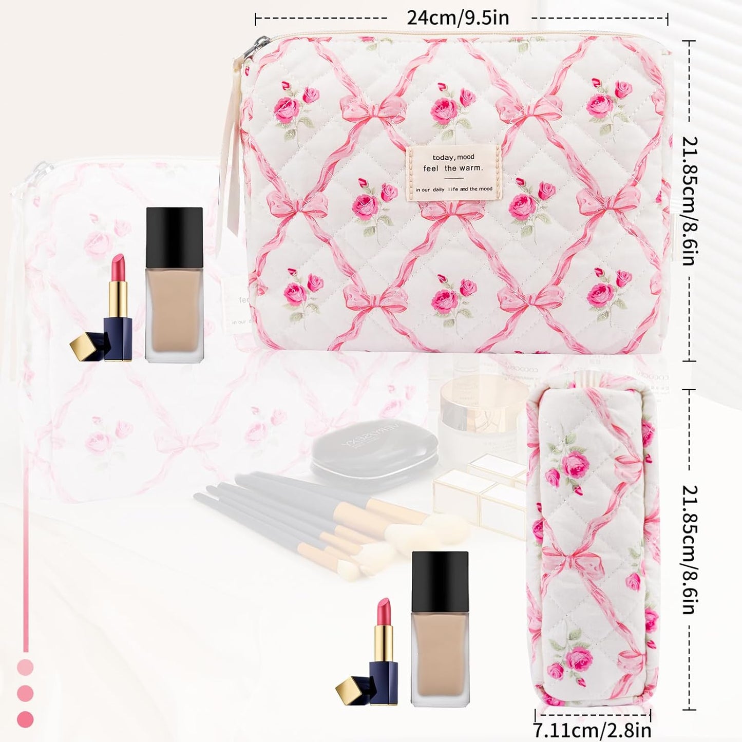 Floral Makeup Bag, Small Cosmetic Bag for Women Girls, Cute Cotton Makeup Bag, Quilted Makeup Bags, Flower Travel Toiletry Organizer Bag(Pink bow ties)