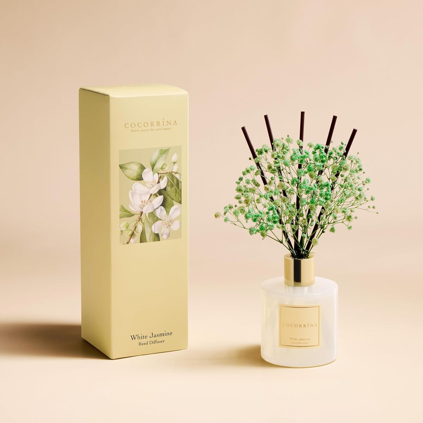 COCORRÍNA Reed Diffuser - White Jasmine 6.7 Fl.oz Reed Diffuser Set with Sticks & Preserved Baby's Breath, Reed Diffuser for Home Bathroom Shelf Decor