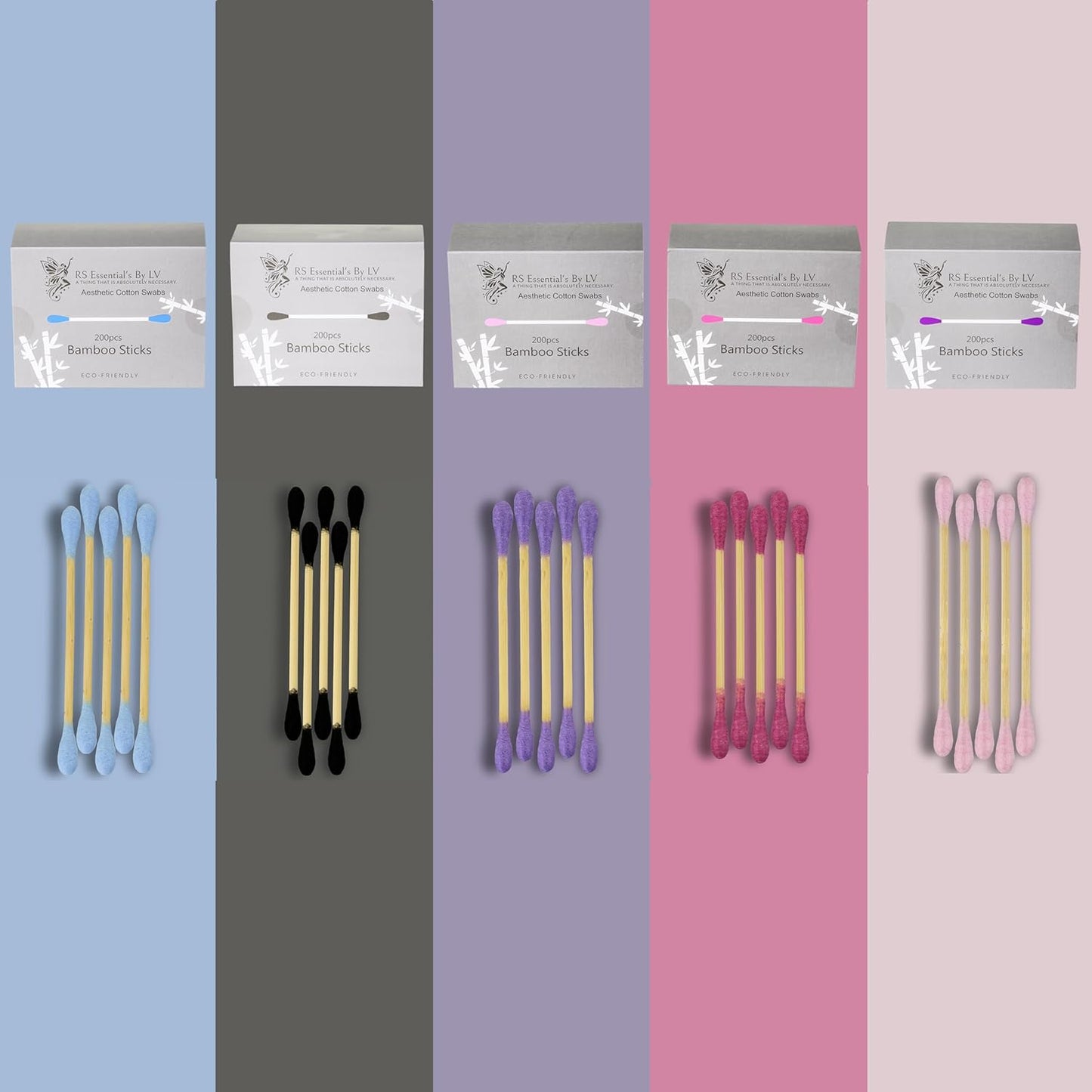 RS ESSENTIAL'S BY LV: Aesthetic Cotton Swabs Sticks Ear Swabs Bamboo swabs 200 Count Cotton Buds In 5 Colorful Colors (Black)