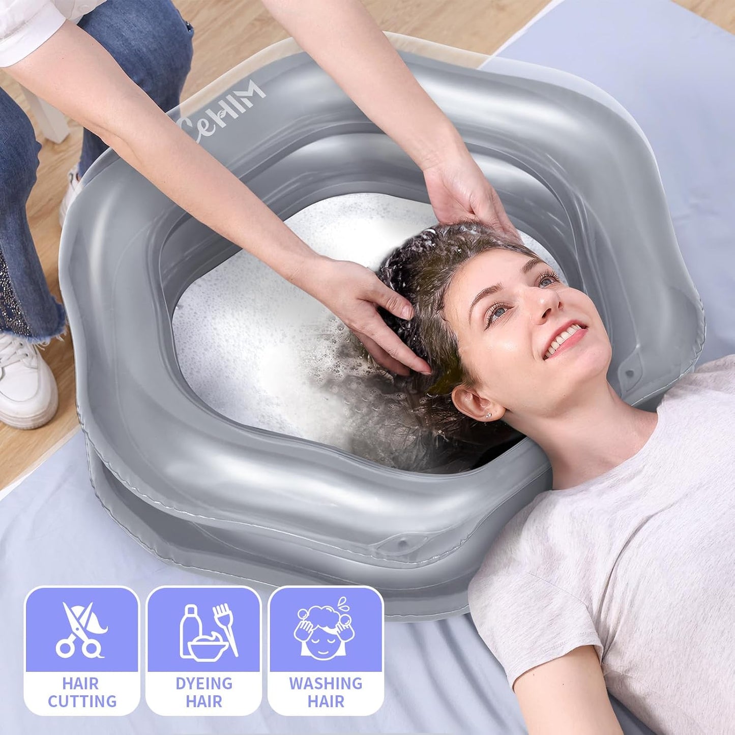 Inflatable Shampoo Basin for Bedridden, Elderly & Disabled - Petal-Shape Large Size, 360° Neck Support, Central Drain Hole with Pull Ring | Leak-Proof PVC Portable Hair Washing Bowl (Silver)