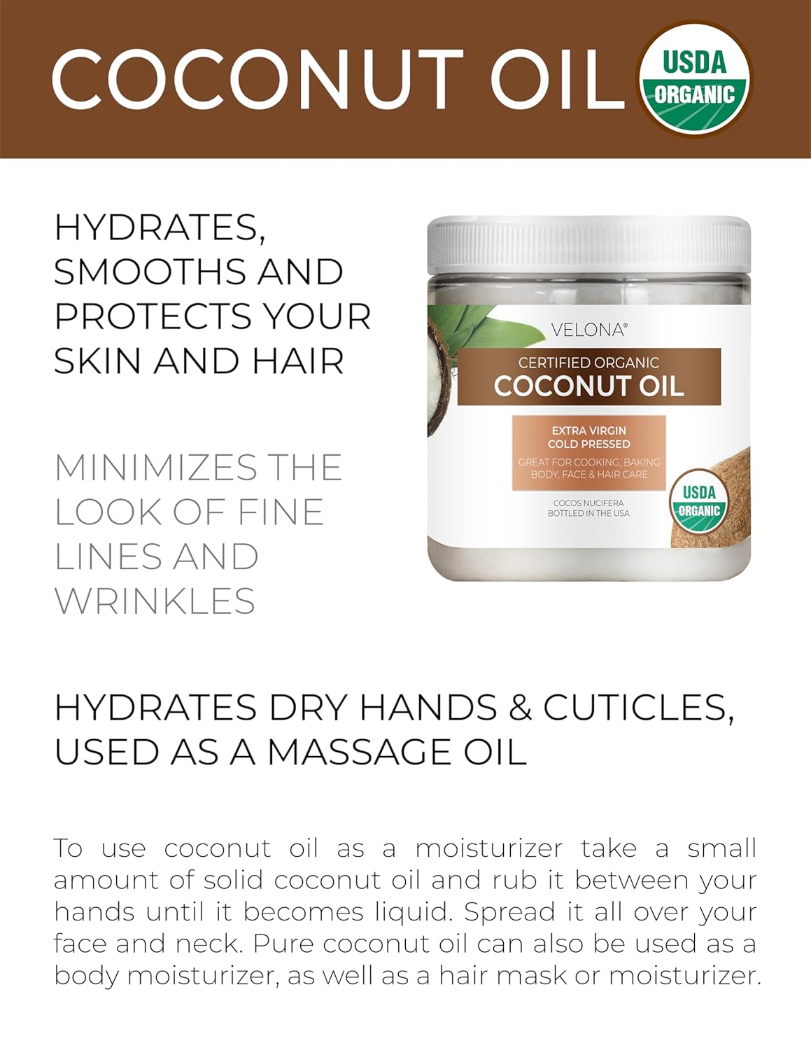 Velona USDA Certified Organic Coconut Oil Extra Virgin - 4 fl oz | Food and Cosmetic Grade | in jar | Extra Virgin, Cold Pressed